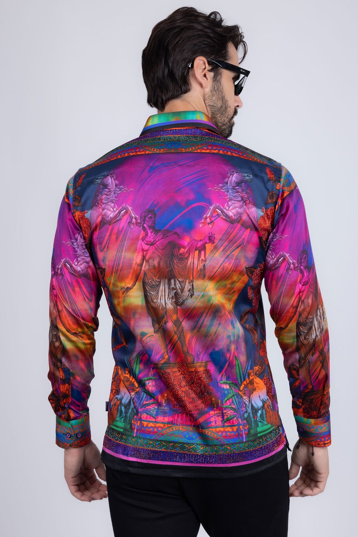 BARABAS Men's Rhinestone Horse StatueFloral Long Sleeve Shirt 3SPR412 Multi