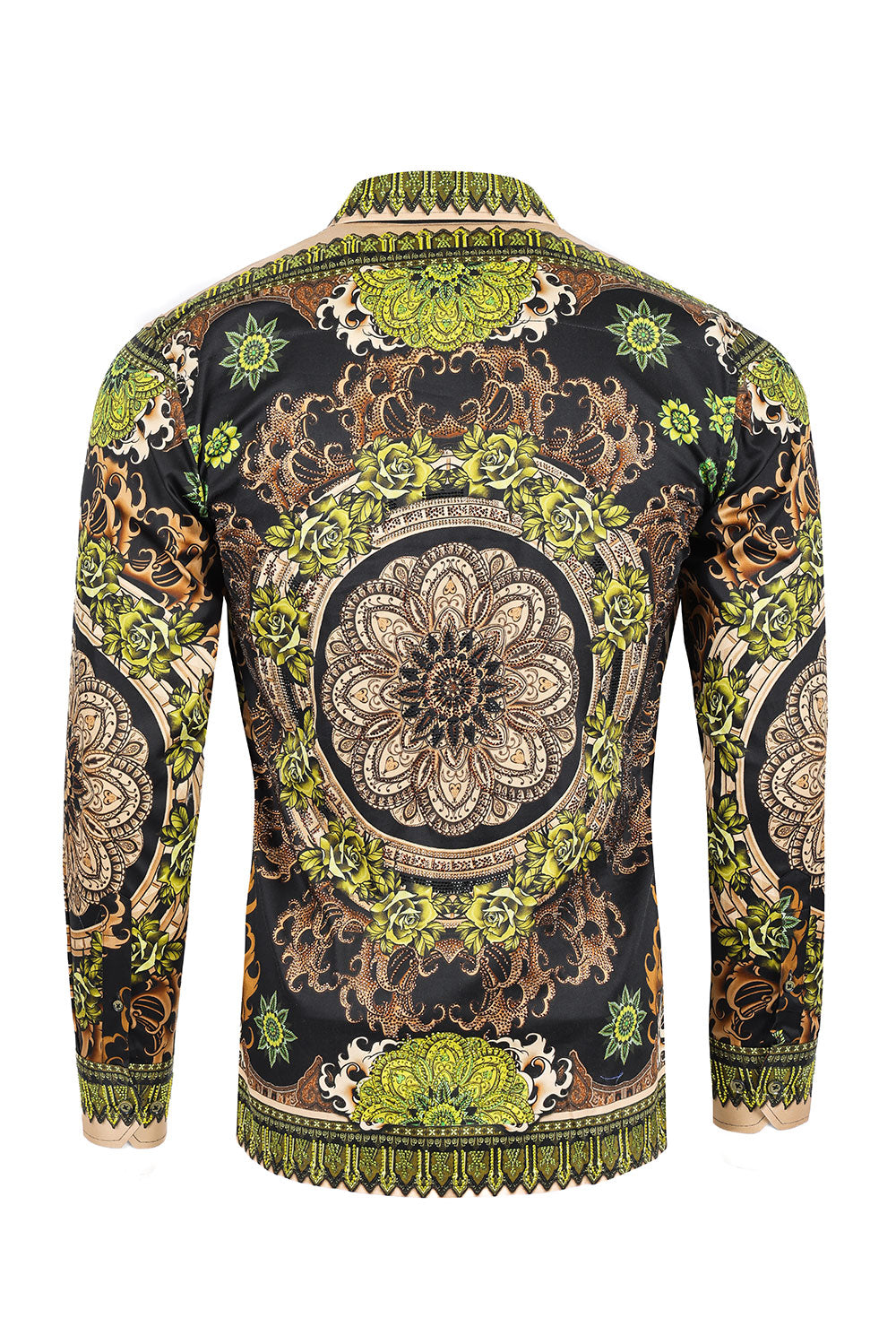 BARABAS Men's Rhinestone Floral Print Baroque Long Sleeve Shirts 3SPR413 Lime