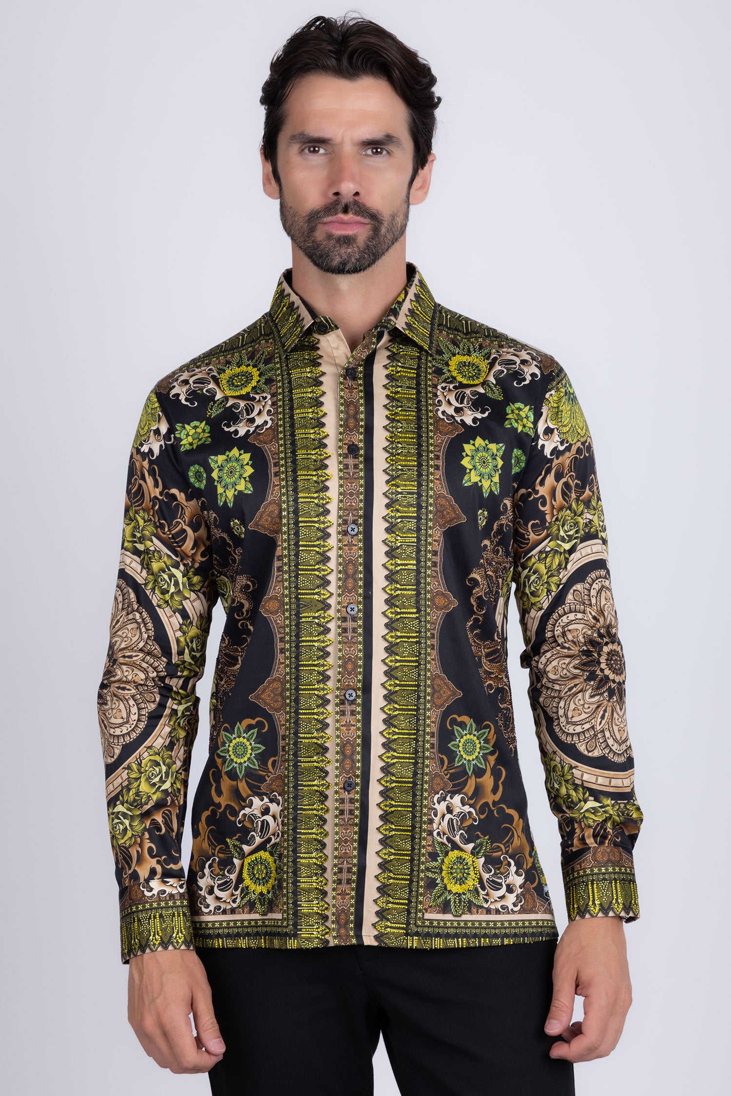 BARABAS Men's Rhinestone Floral Print Baroque Long Sleeve Shirts 3SPR413 Lime