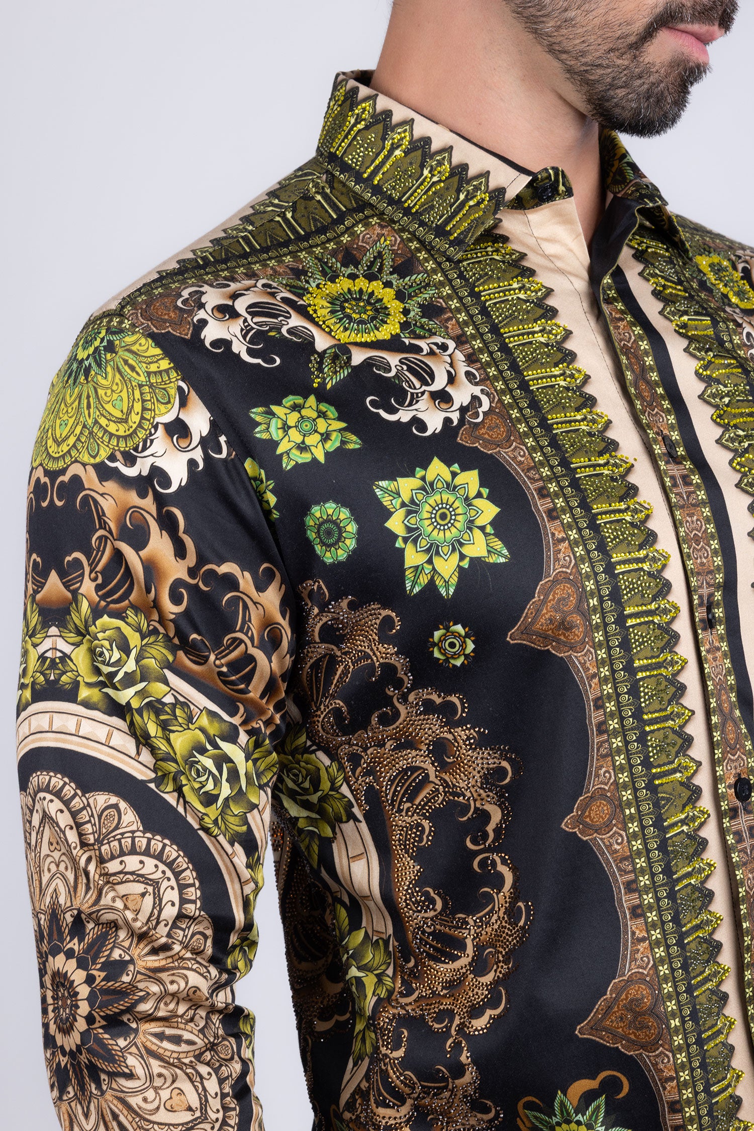 BARABAS Men's Rhinestone Floral Print Baroque Long Sleeve Shirts 3SPR413 Lime