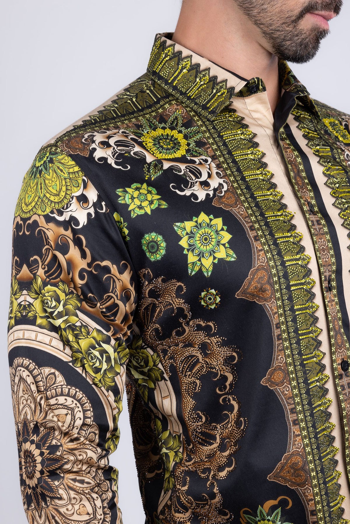 BARABAS Men's Rhinestone Floral Print Baroque Long Sleeve Shirts 3SPR413 Lime