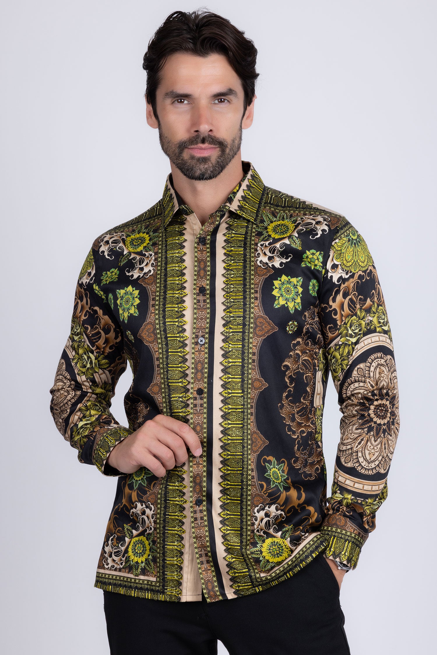 BARABAS Men's Rhinestone Floral Print Baroque Long Sleeve Shirts 3SPR413 Gold