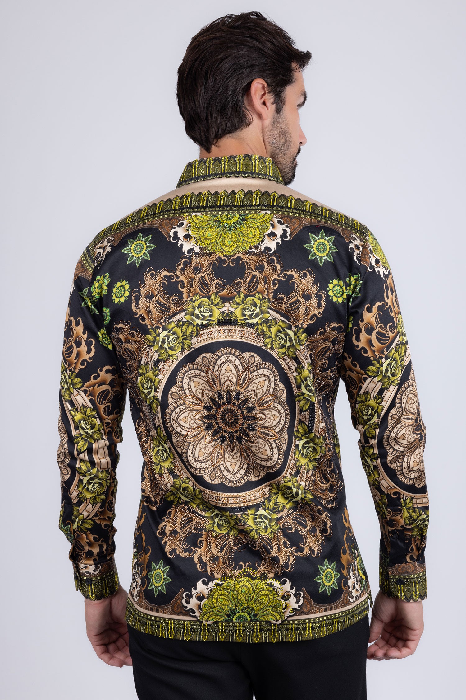 BARABAS Men's Rhinestone Floral Print Baroque Long Sleeve Shirts 3SPR413 Lime