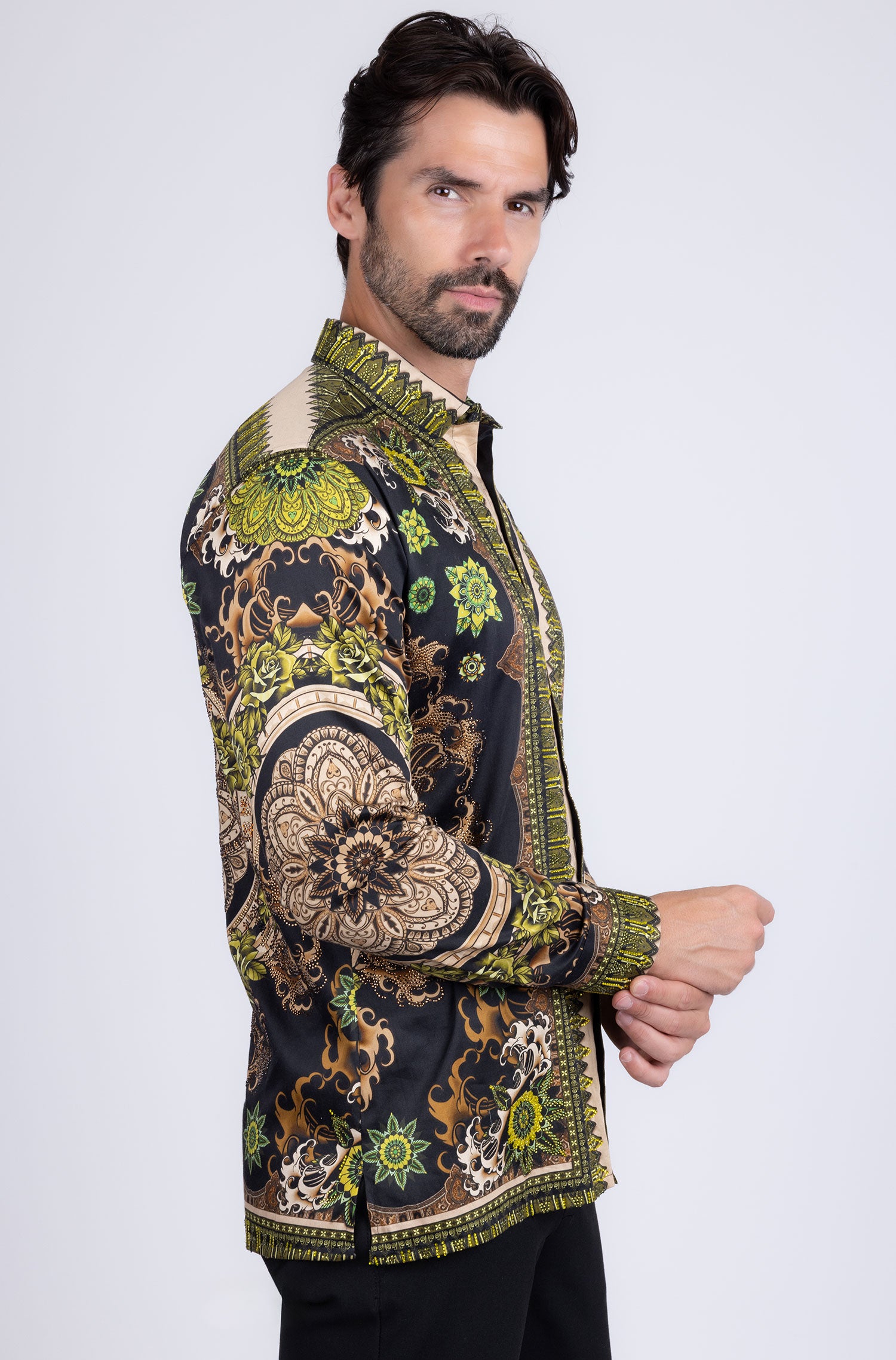 BARABAS Men's Rhinestone Floral Print Baroque Long Sleeve Shirts 3SPR413 Lime