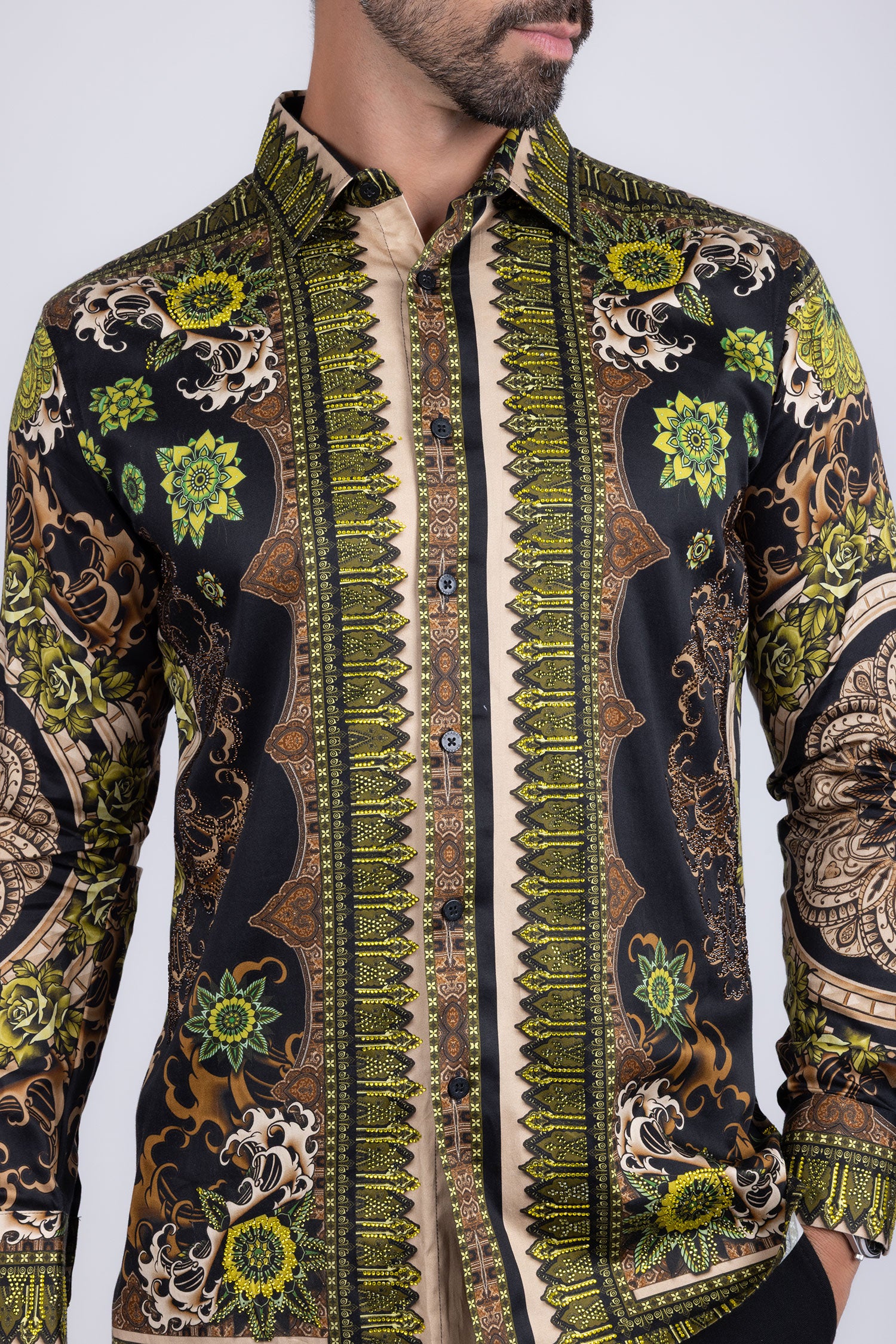 BARABAS Men's Rhinestone Floral Print Baroque Long Sleeve Shirts 3SPR413 Green