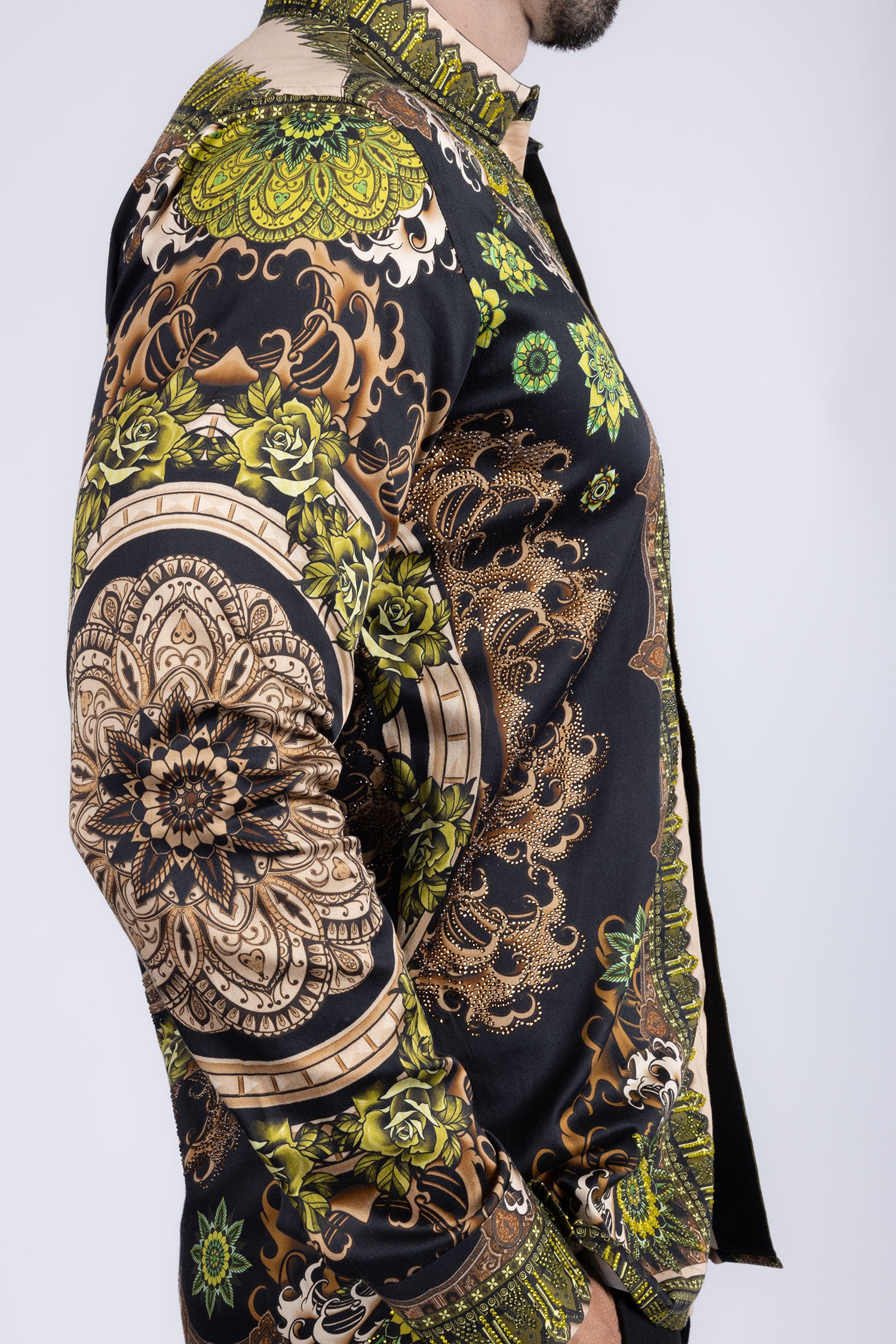 BARABAS Men's Rhinestone Floral Print Baroque Long Sleeve Shirts 3SPR413 Gold