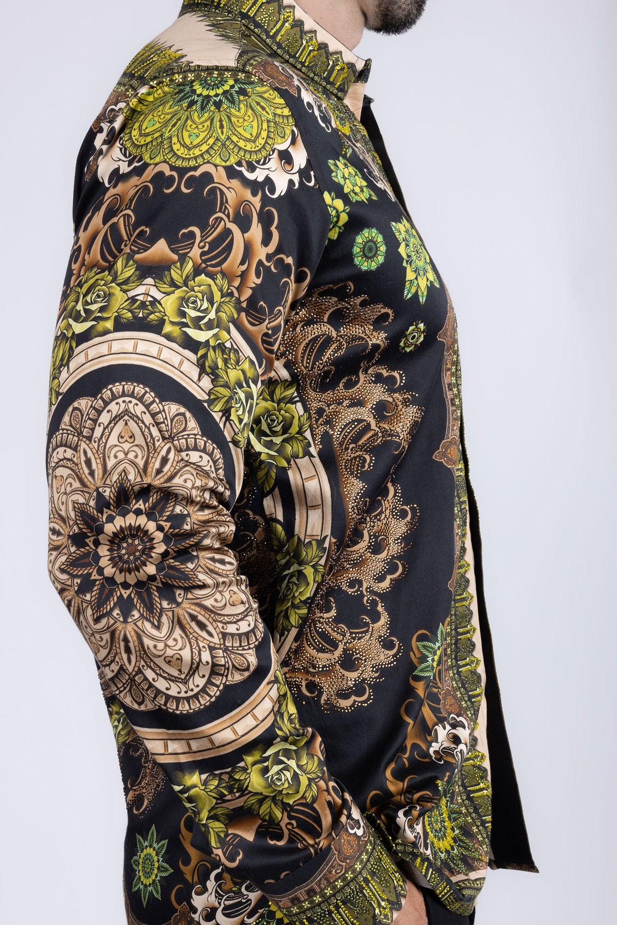 BARABAS Men's Rhinestone Floral Print Baroque Long Sleeve Shirts 3SPR413 Gold