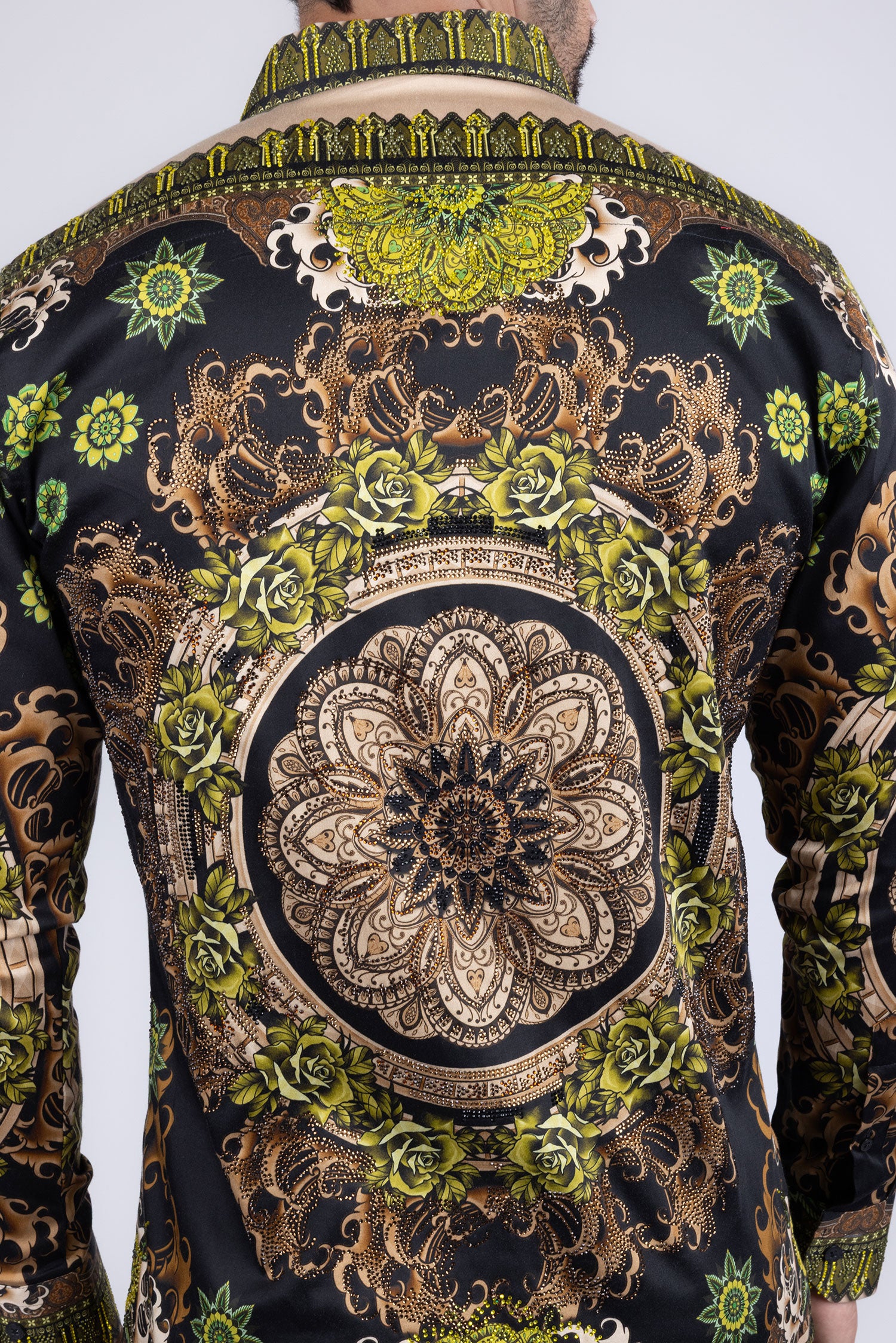 BARABAS Men's Rhinestone Floral Print Baroque Long Sleeve Shirts 3SPR413 Lime