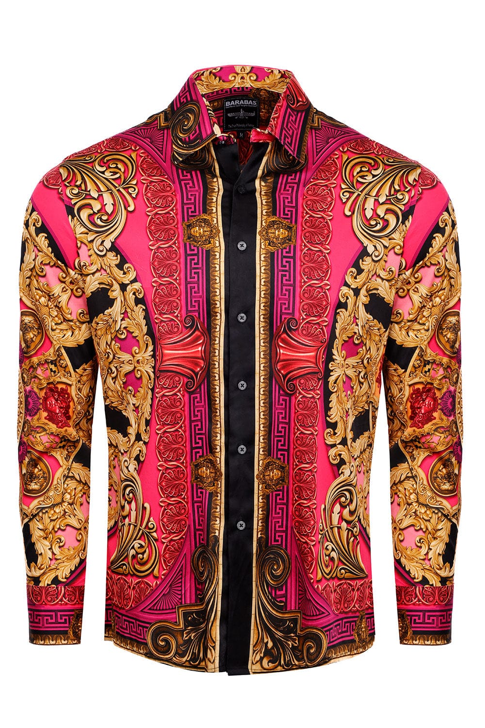 BARABAS Men's Rhinestone Medusa Floral Long Sleeve Shirts 3SPR416 #Color_Acid Pink