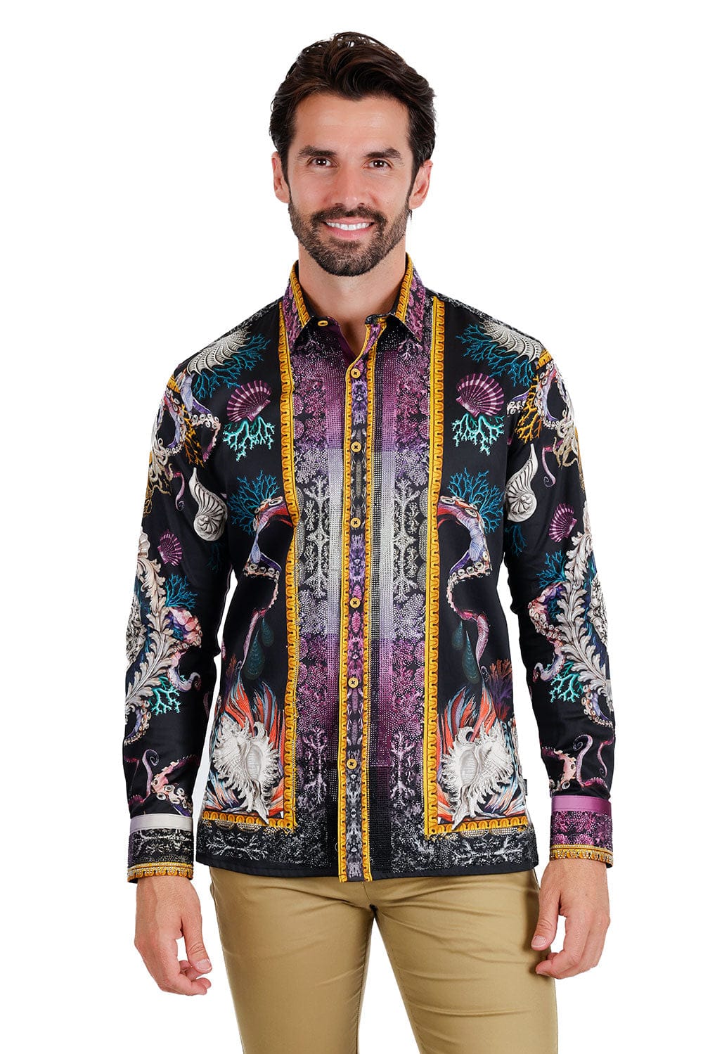 BARABAS Men's Rhinestone Sea Ocean Baroque Long Sleeve Shirts 3SPR417 #Color_Black