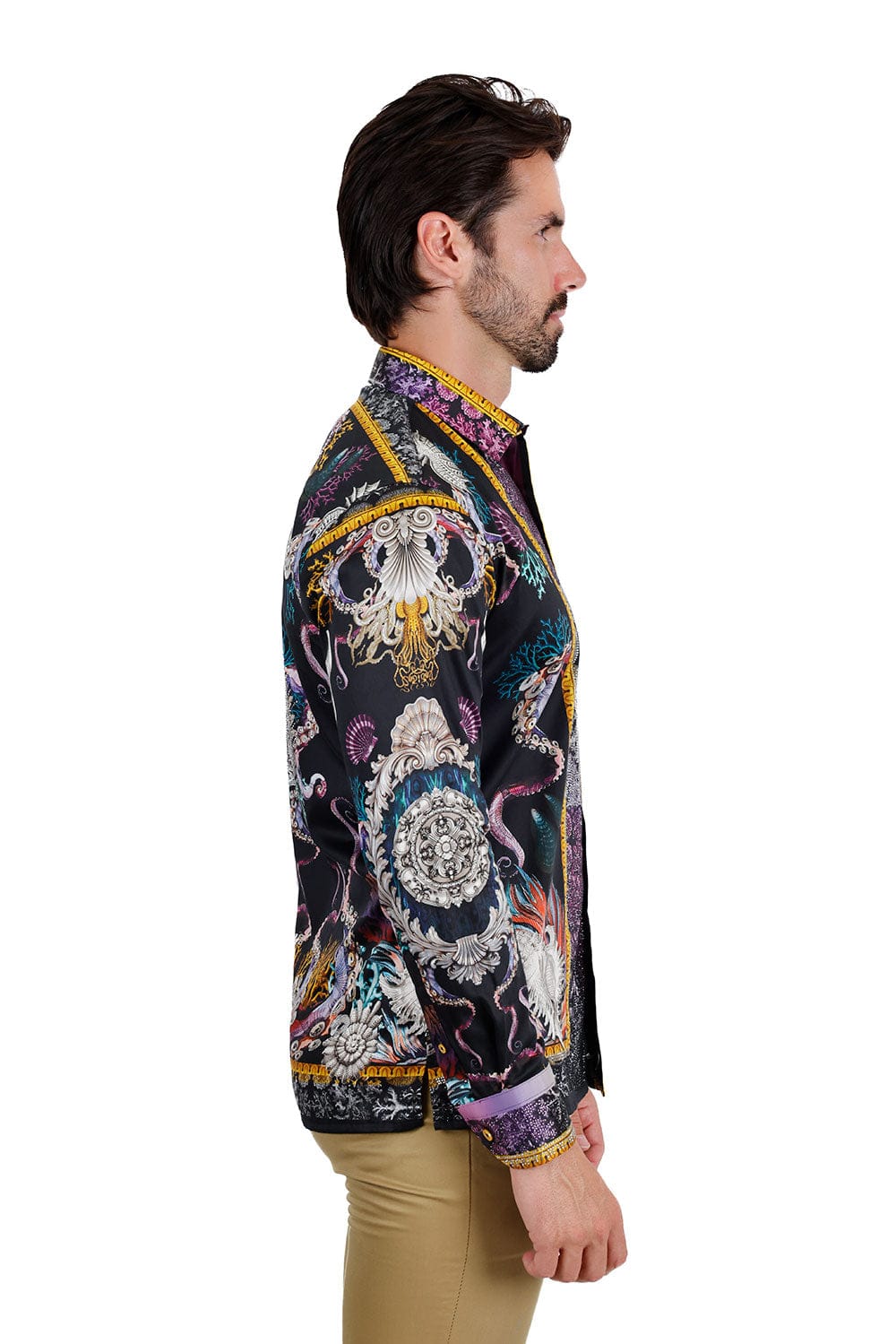 BARABAS Men's Rhinestone Sea Ocean Baroque Long Sleeve Shirts 3SPR417 #Color_Black