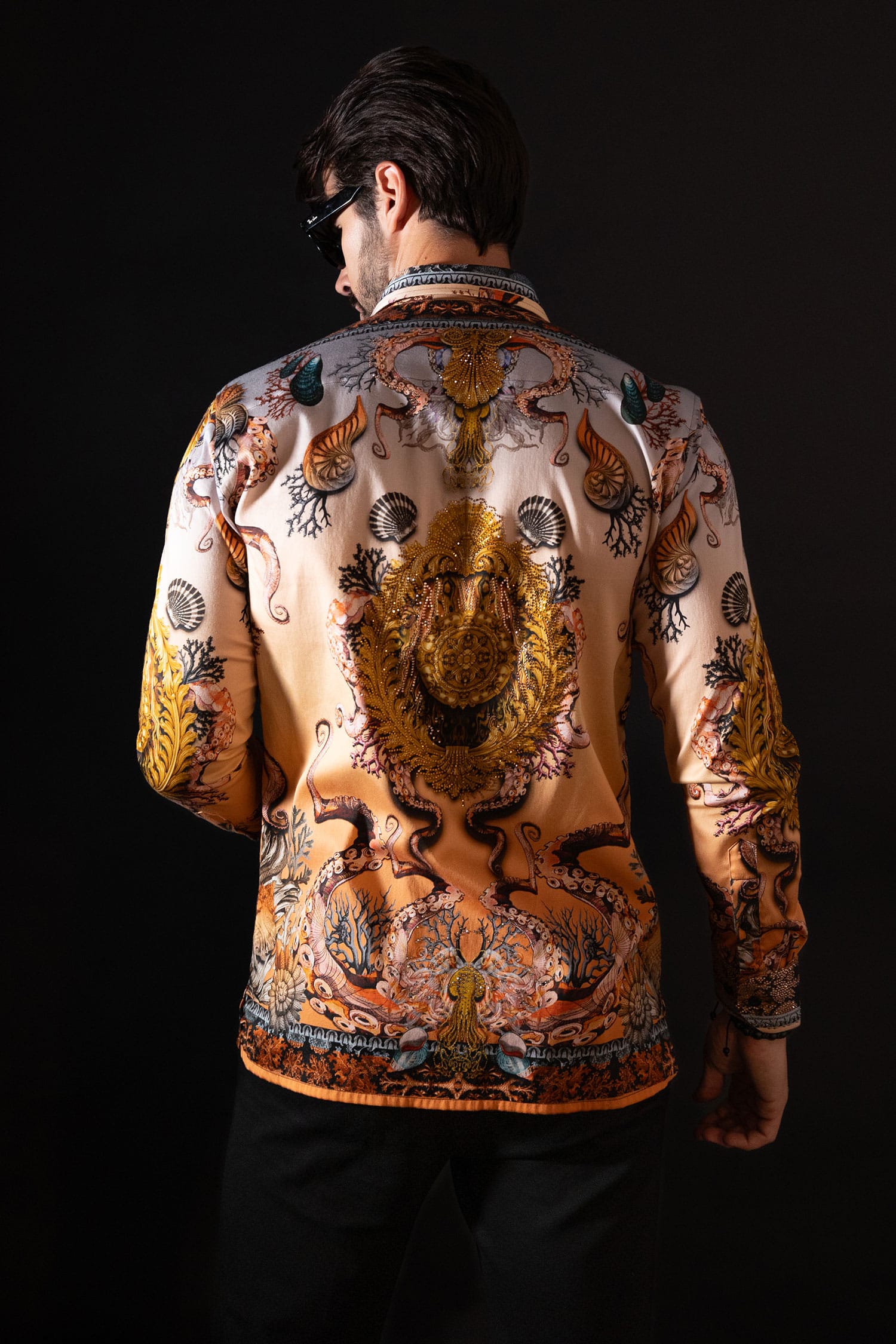 BARABAS Men's Rhinestone Sea Ocean Baroque Long Sleeve Shirts 3SPR417 Peach