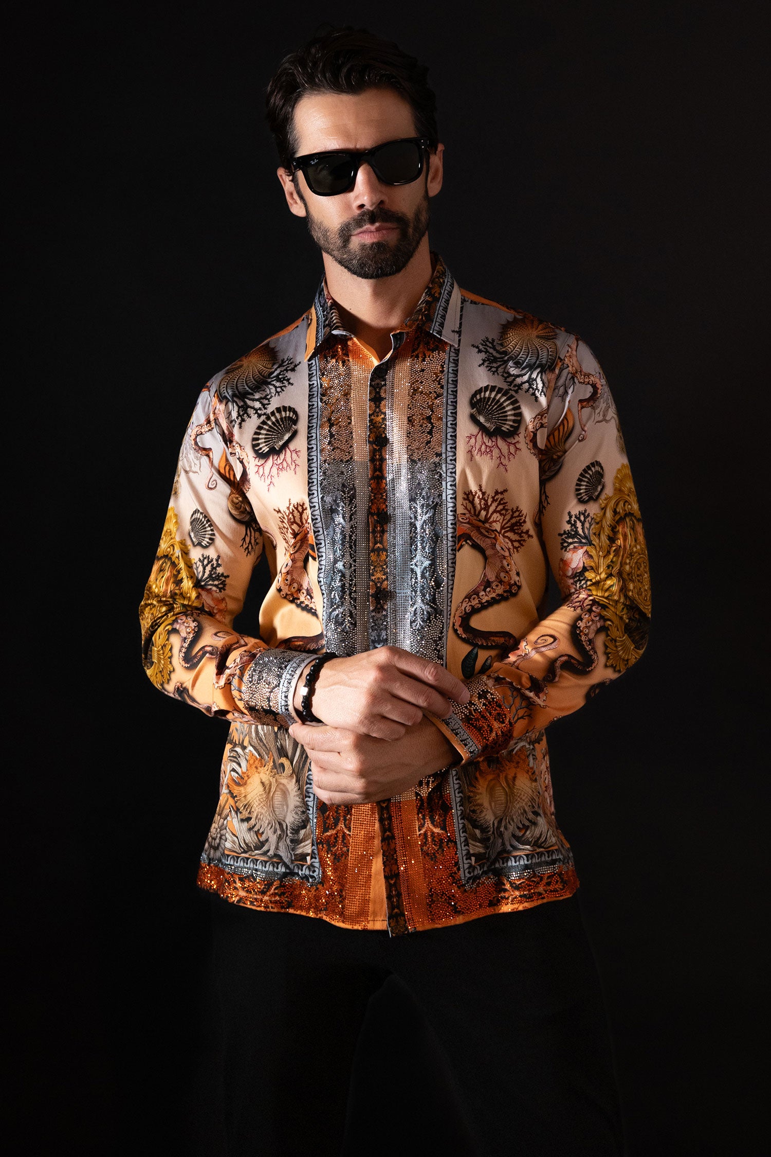 BARABAS Men's Rhinestone Sea Ocean Baroque Long Sleeve Shirts 3SPR417 Peach