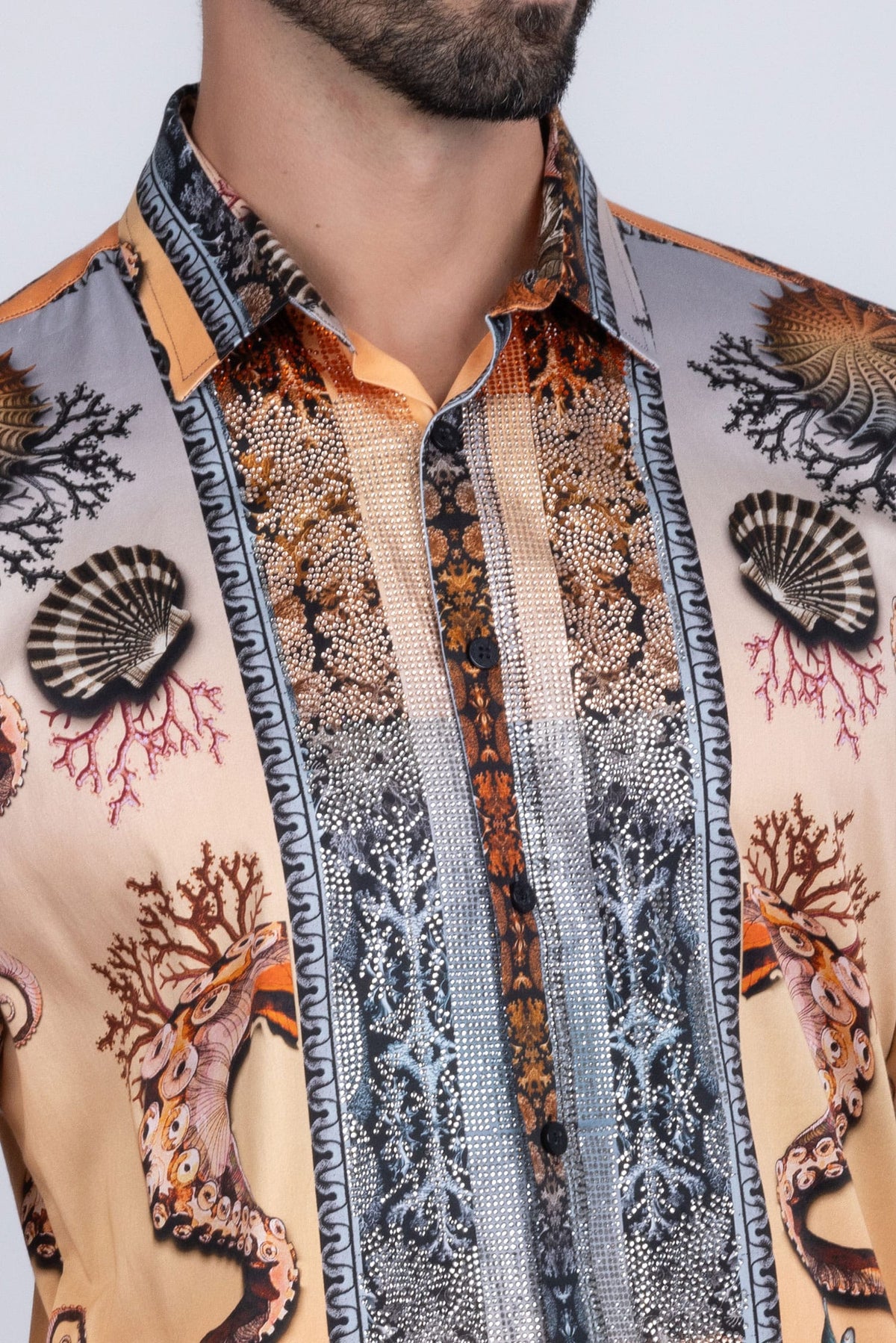BARABAS Men's Rhinestone Sea Ocean Baroque Long Sleeve Shirts 3SPR417 #Color_Peach