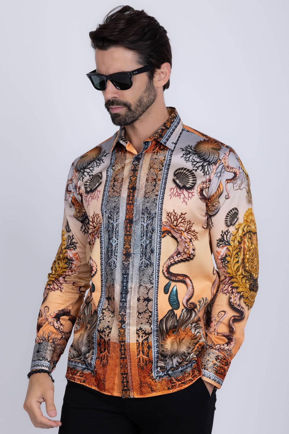 BARABAS Men's Rhinestone Sea Ocean Baroque Long Sleeve Shirts 3SPR417 #Color_Peach