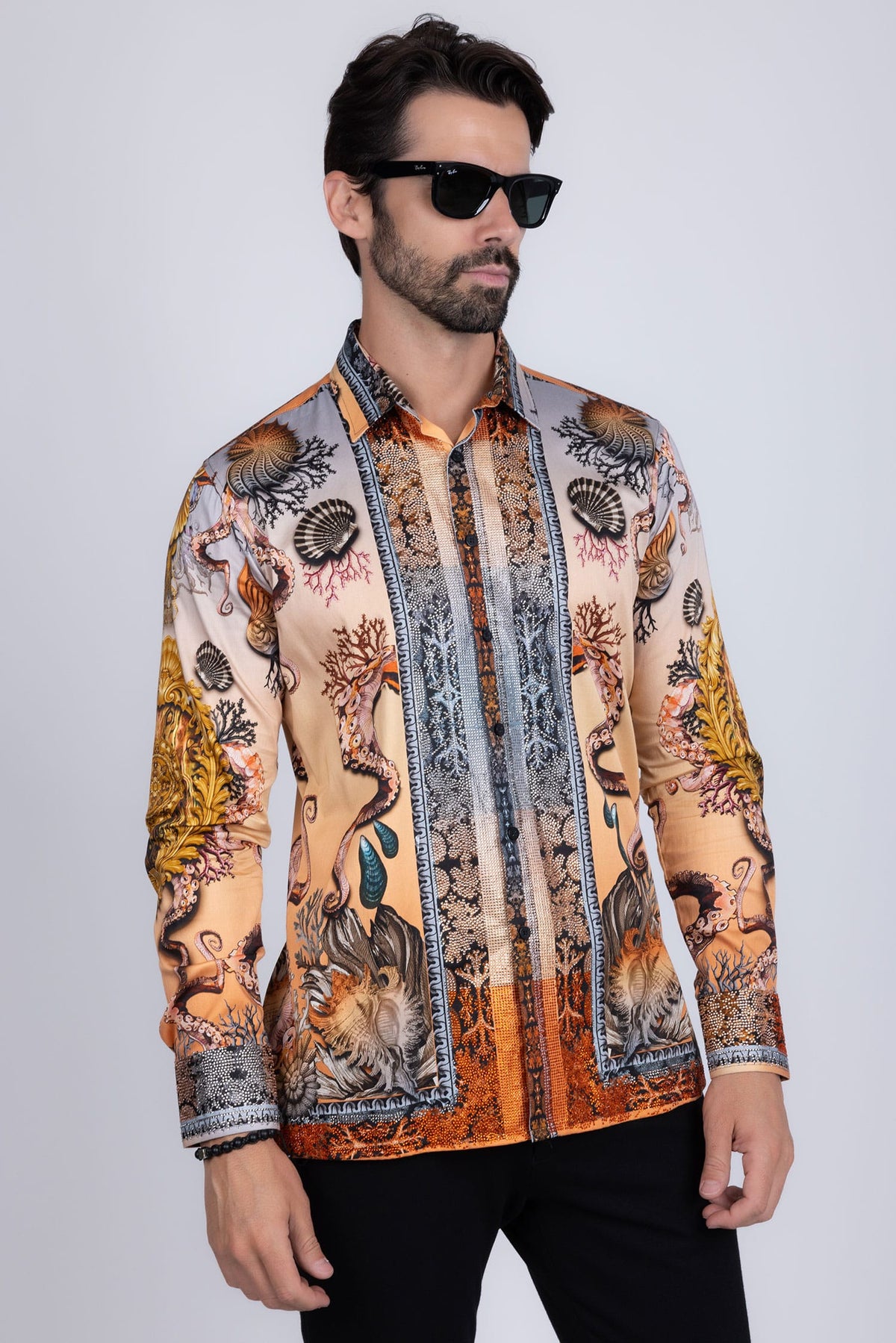 BARABAS Men's Rhinestone Sea Ocean Baroque Long Sleeve Shirts 3SPR417 #Color_Peach