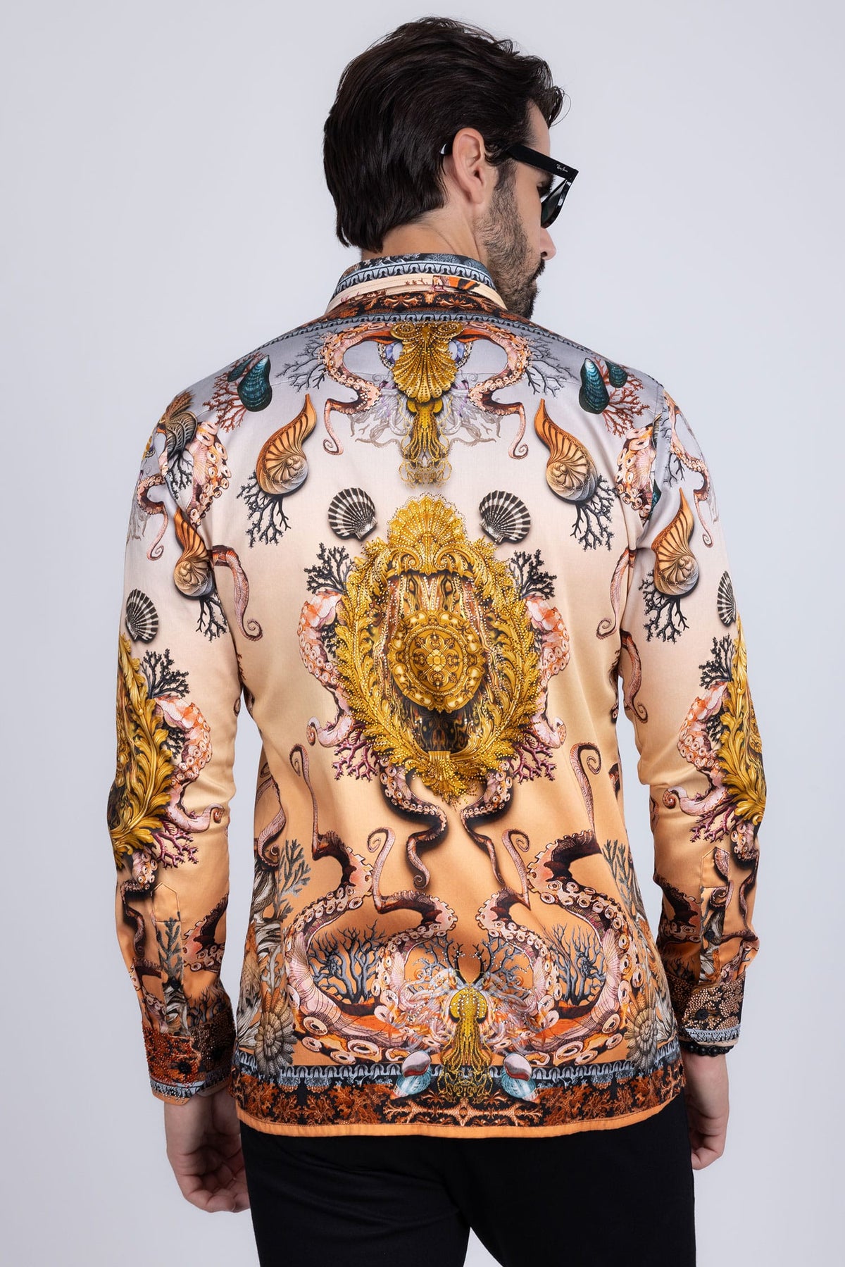 BARABAS Men's Rhinestone Sea Ocean Baroque Long Sleeve Shirts 3SPR417 #Color_Peach