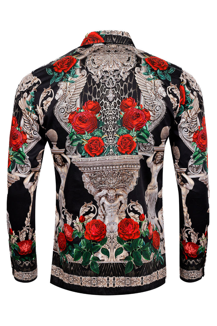 BARABAS Men's Rhinestone Floral Unicorn Long Sleeve Shirts 3SPR418 Black and Silver