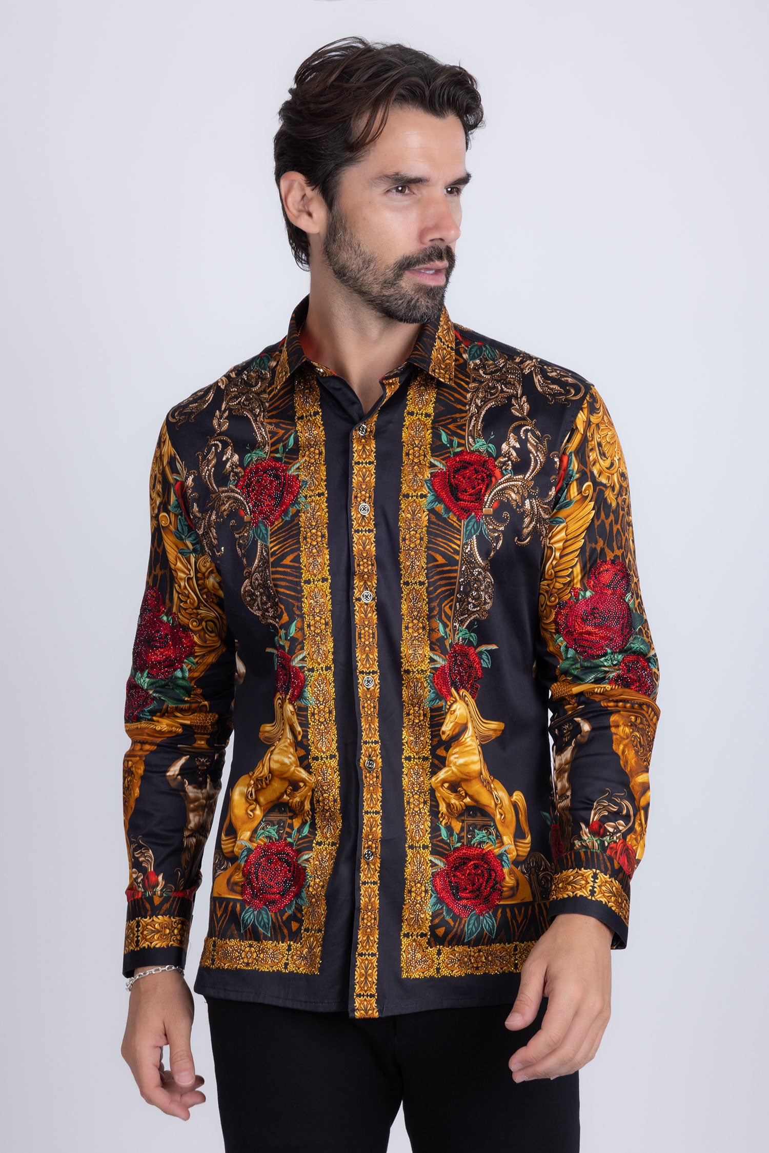 BARABAS Men's Rhinestone Floral Unicorn Long Sleeve Shirts 3SPR418 Black Gold