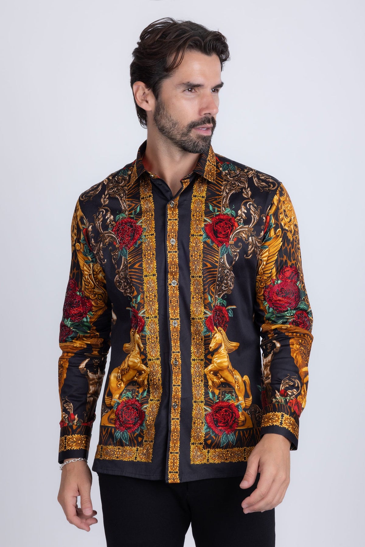 BARABAS Men's Rhinestone Floral Unicorn Long Sleeve Shirts 3SPR418 Black Gold