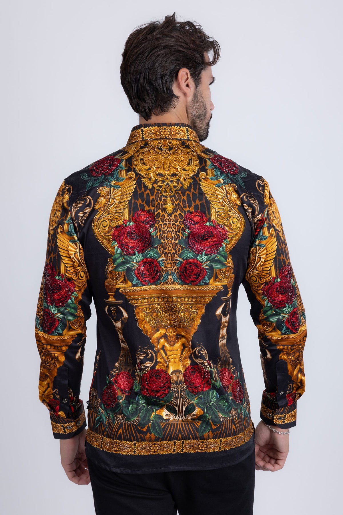BARABAS Men's Rhinestone Floral Unicorn Long Sleeve Shirts 3SPR418 Black Gold