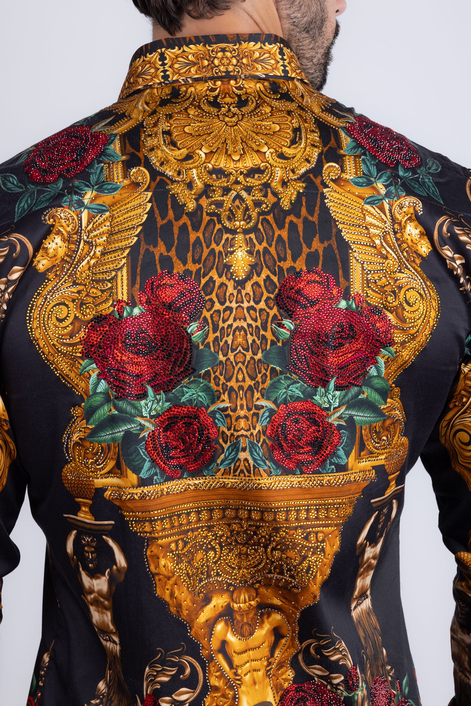 BARABAS Men's Rhinestone Floral Unicorn Long Sleeve Shirts 3SPR418 Black Gold