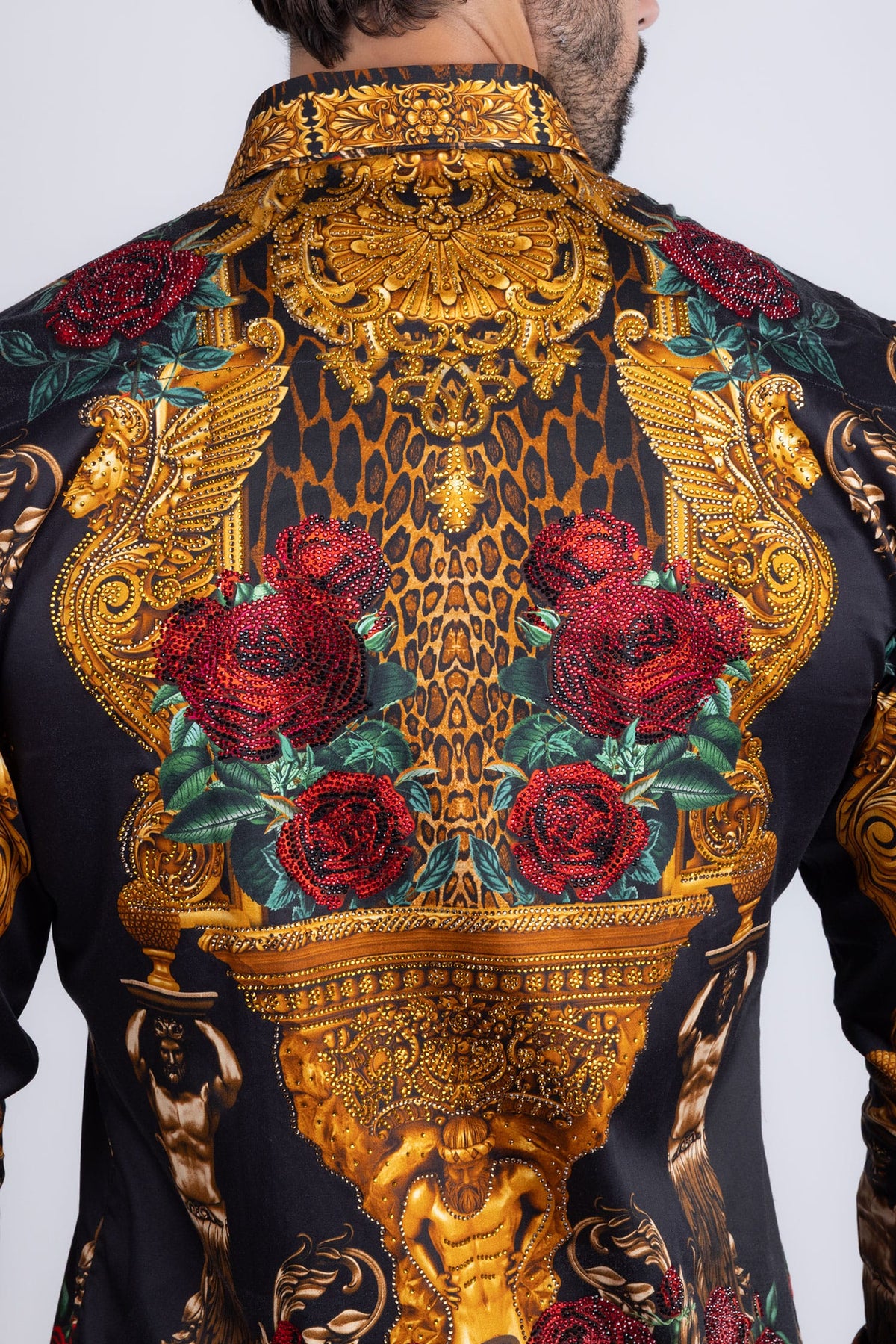 BARABAS Men's Rhinestone Floral Unicorn Long Sleeve Shirts 3SPR418 Black Gold