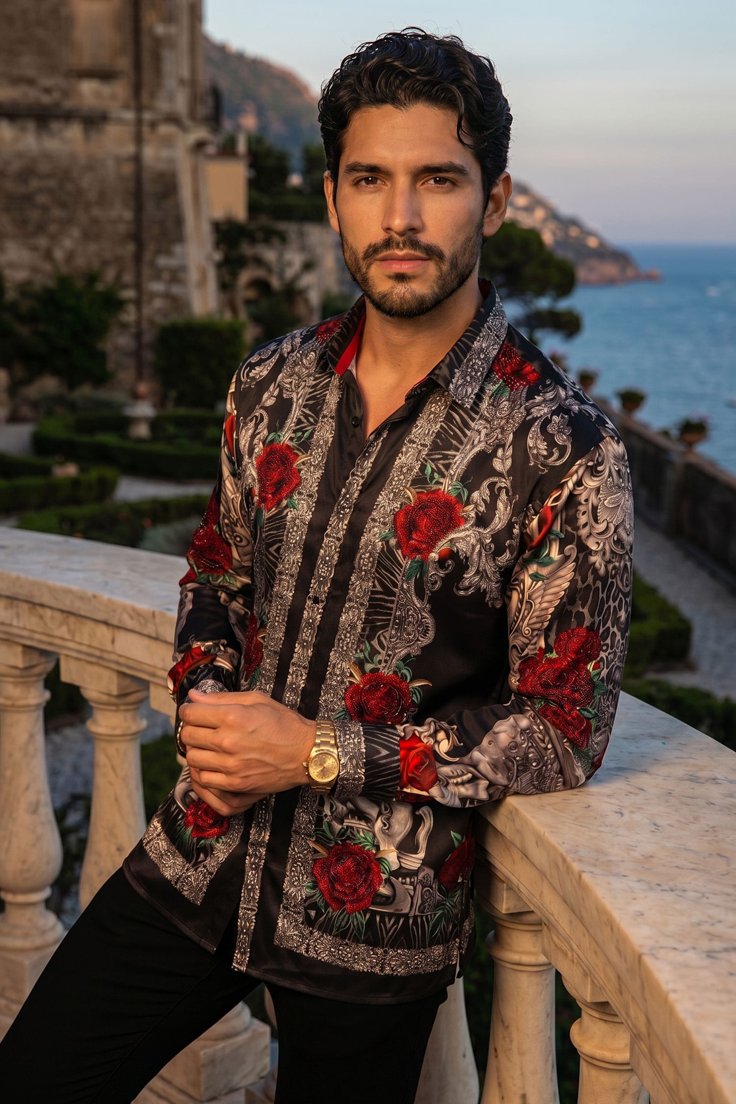 BARABAS Men's Rhinestone Floral Unicorn Long Sleeve Shirts 3SPR418 Black Silver
