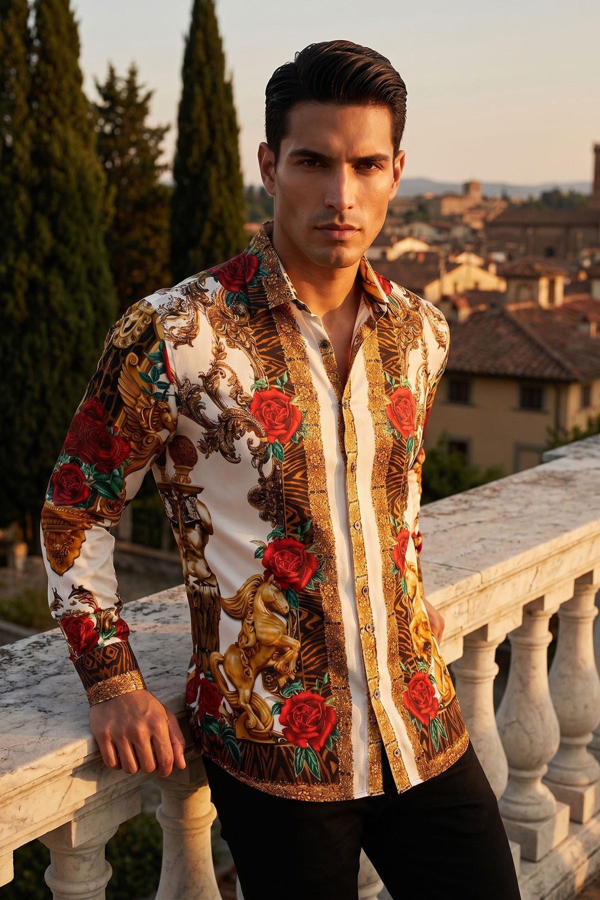 BARABAS Men's Rhinestone Floral Unicorn Long Sleeve Shirts 3SPR418 Cream