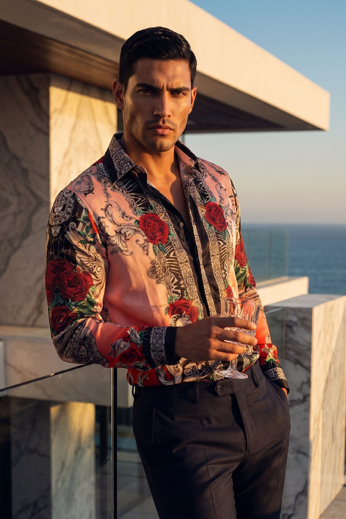 BARABAS Men's Rhinestone Floral Unicorn Long Sleeve Shirts 3SPR418 Pink