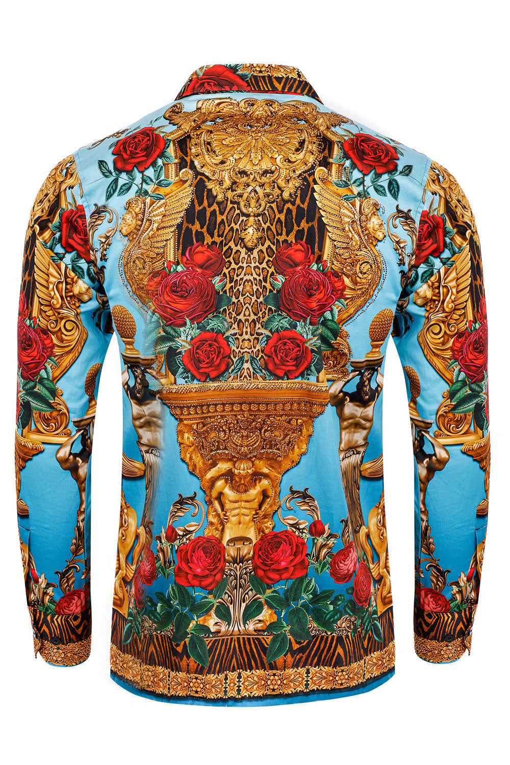 BARABAS Men's Rhinestone Floral Unicorn Long Sleeve Shirts 3SPR418 Turquoise