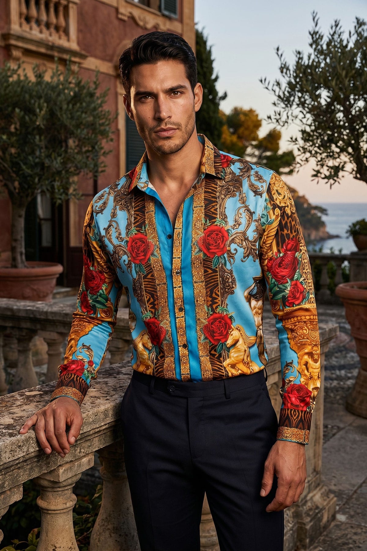 BARABAS Men's Rhinestone Floral Unicorn Long Sleeve Shirts 3SPR418 Turquoise