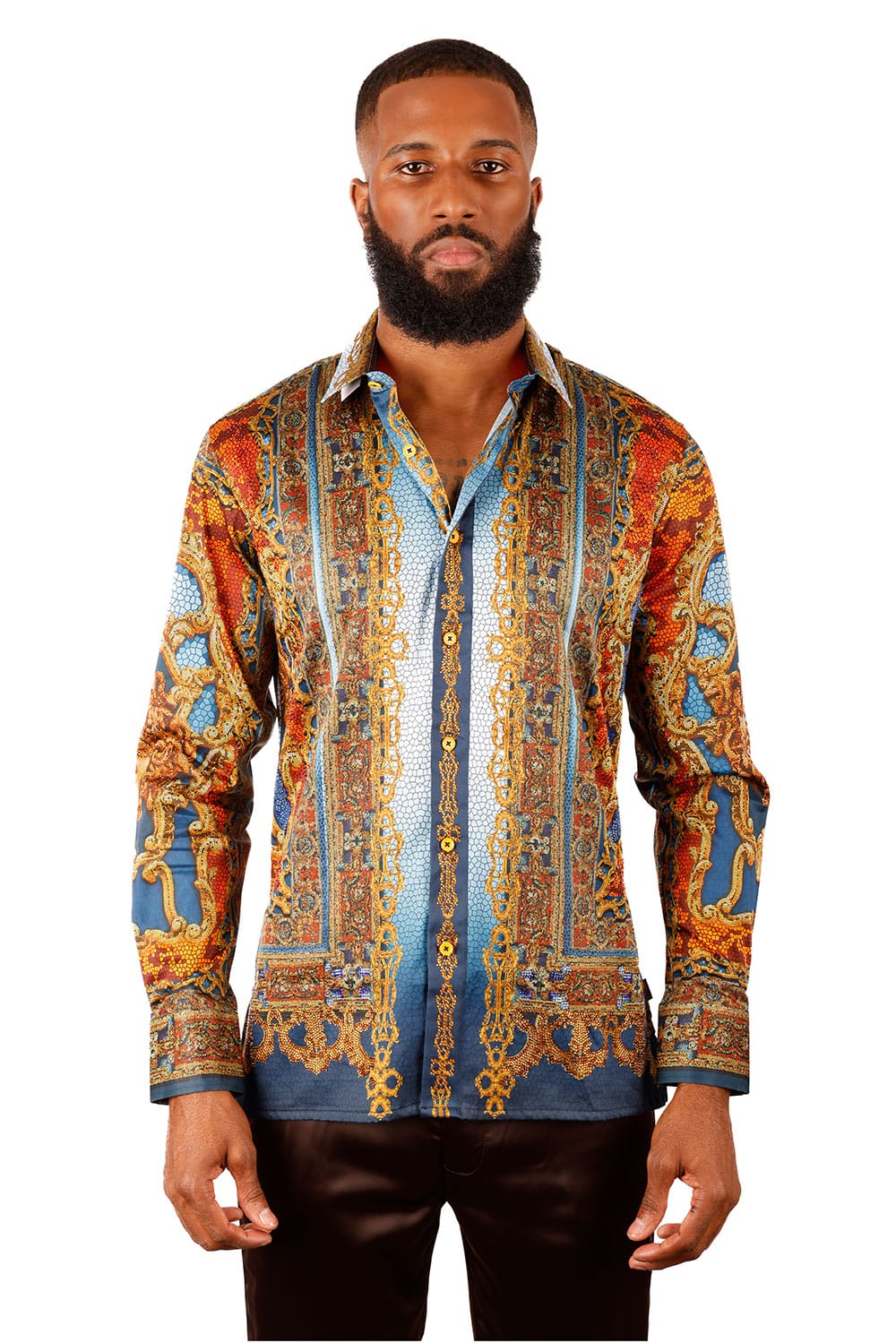 BARABAS Men's Rhinestone Medusa Long Sleeve Shirts 3SPR429 Multi