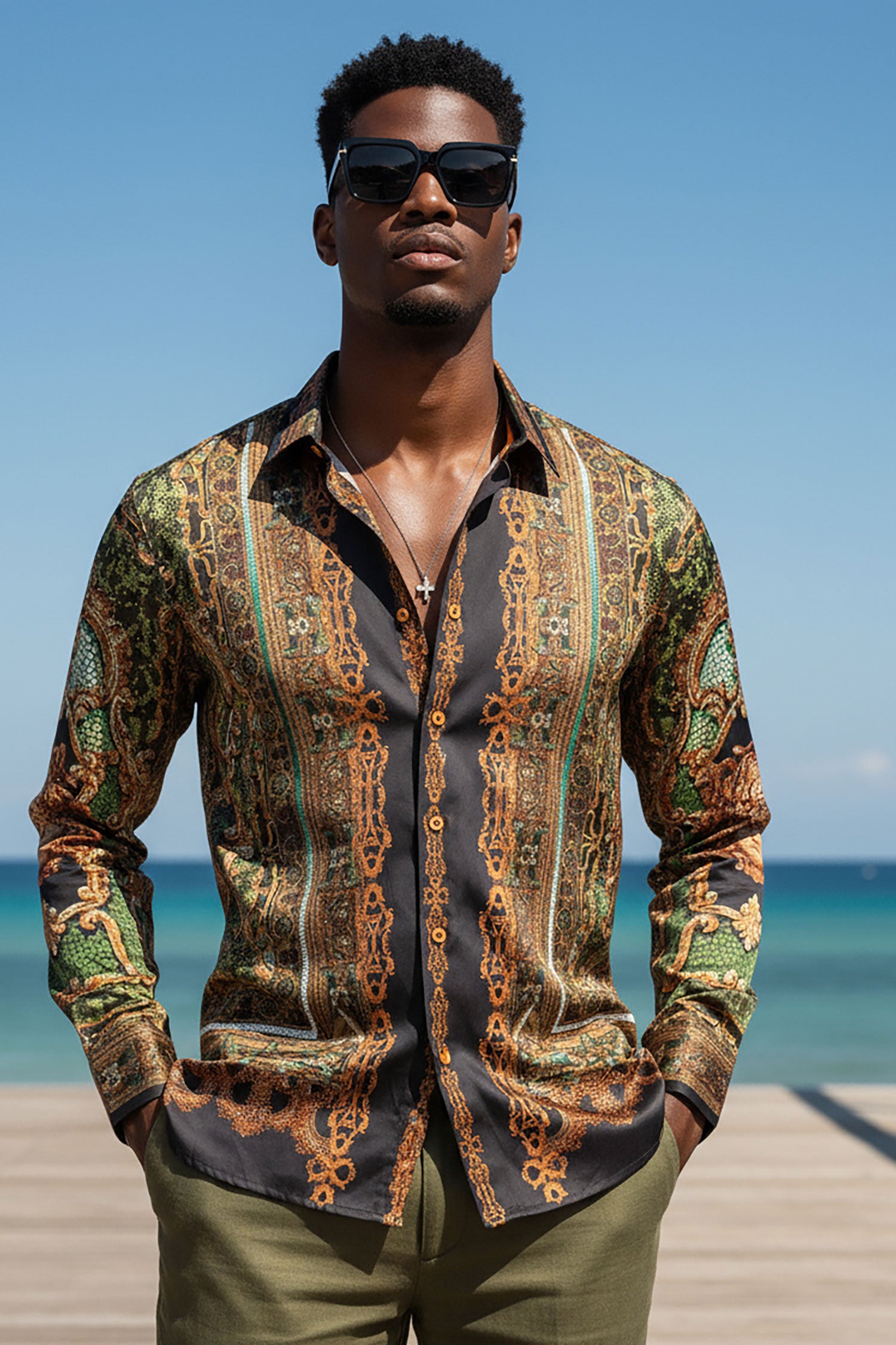 BARABAS Men's Rhinestone Medusa Long Sleeve Shirts 3SPR429 Olive