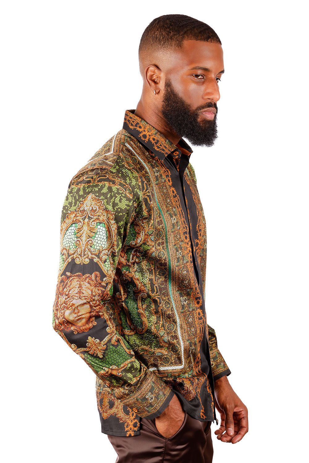 BARABAS Men's Rhinestone Medusa Long Sleeve Shirts 3SPR429 Olive