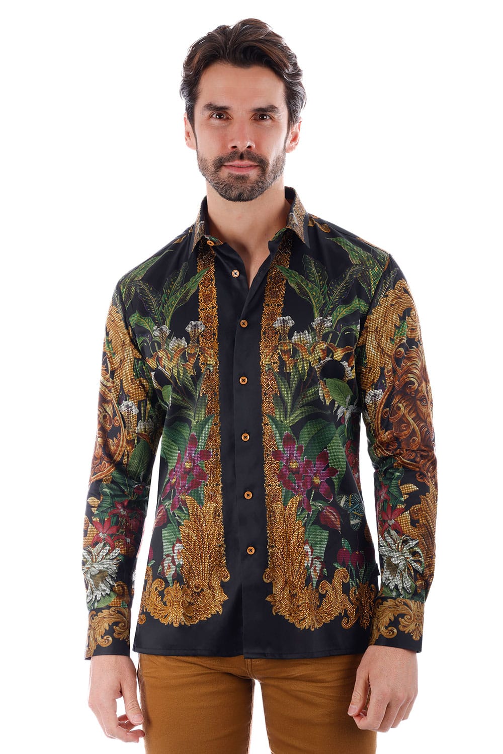 BARABAS Men's Rhinestone Floral Lion Long Sleeve Shirts 3SPR428 #Color_Black