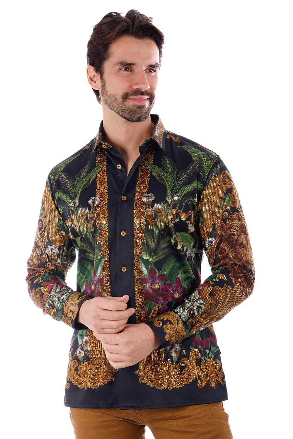 BARABAS Men's Rhinestone Floral Lion Long Sleeve Shirts 3SPR428 #Color_Black