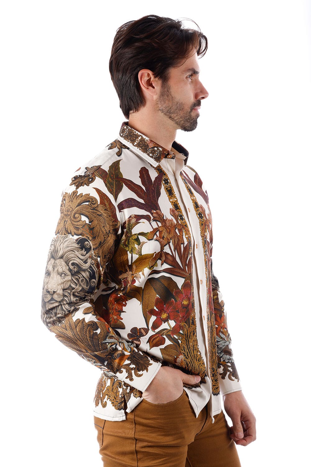 BARABAS Men's Rhinestone Floral Lion Long Sleeve Shirts 3SPR428 #Color_Cream