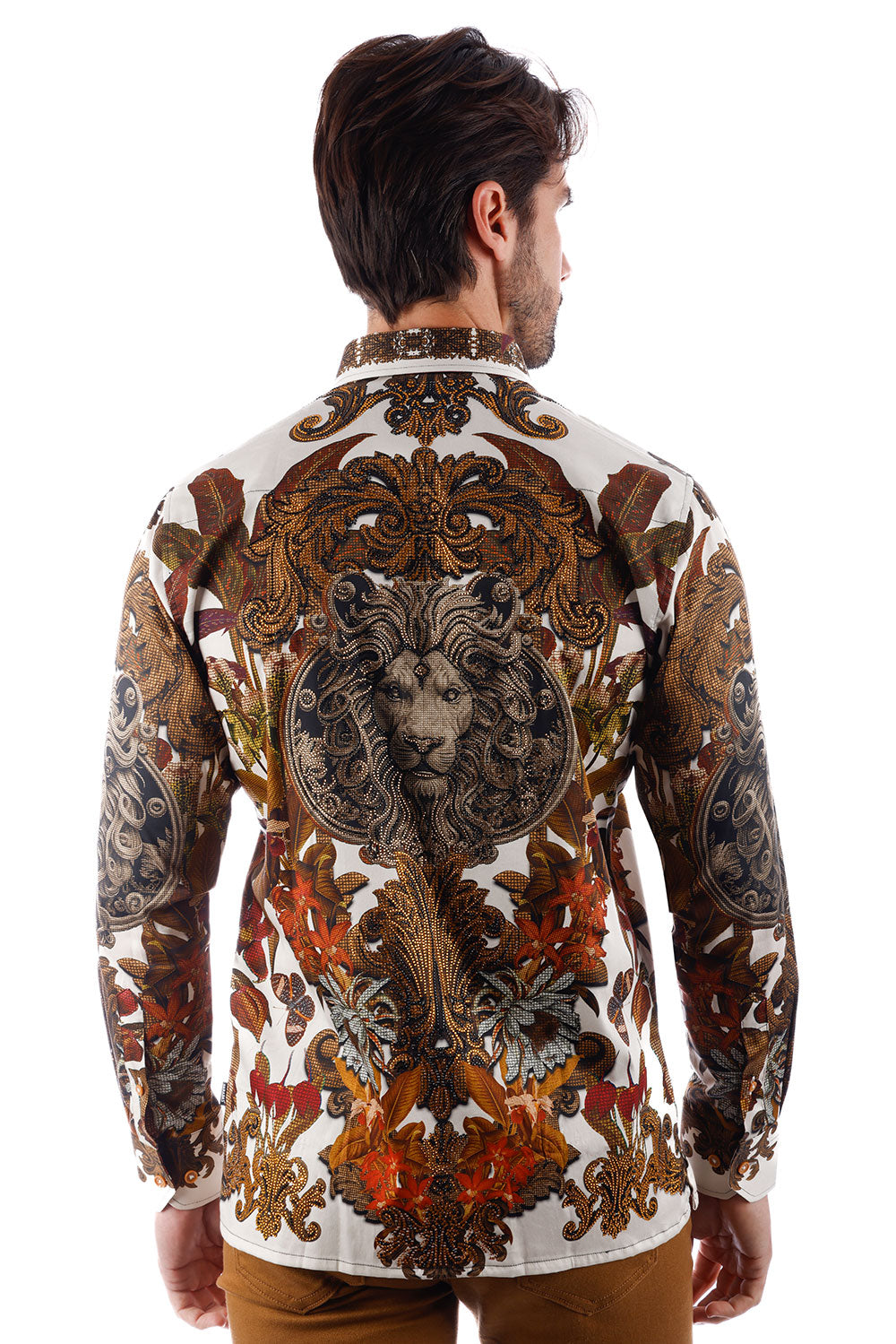 BARABAS Men's Rhinestone Floral Lion Long Sleeve Shirts 3SPR428 Cream