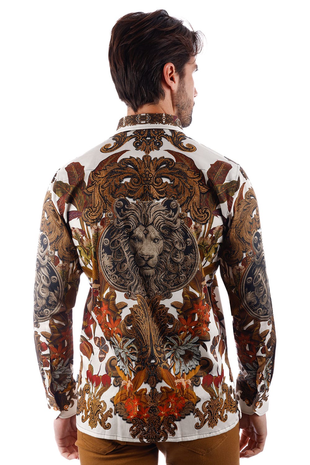BARABAS Men's Rhinestone Floral Lion Long Sleeve Shirts 3SPR428 #Color_Cream