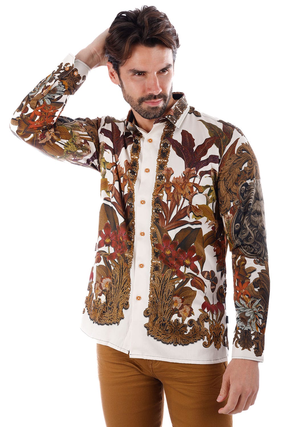 BARABAS Men's Rhinestone Floral Lion Long Sleeve Shirts 3SPR428 #Color_Cream