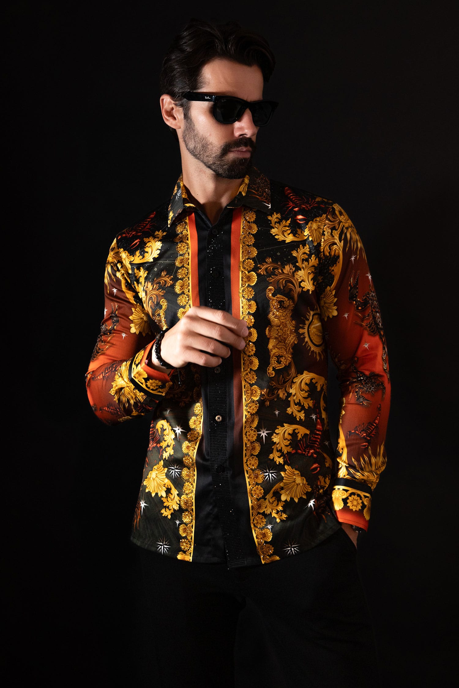 BARABAS Men's Rhinestone Scorpion Long Sleeve Shirts 3SPR432 Red