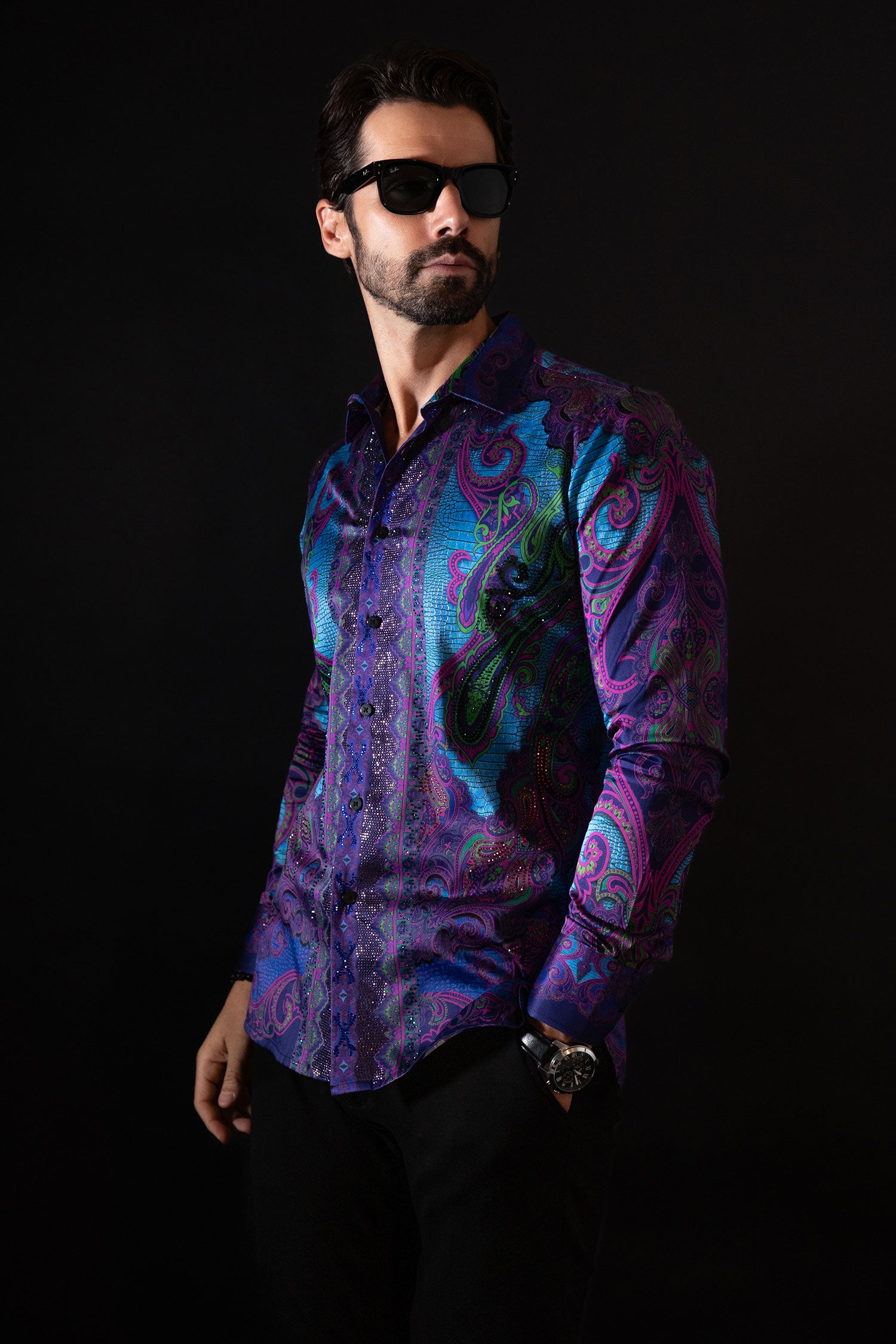 BARABAS Men's Rhinestone Floral Paisley Long Sleeve Shirts 3SPR433 Blue