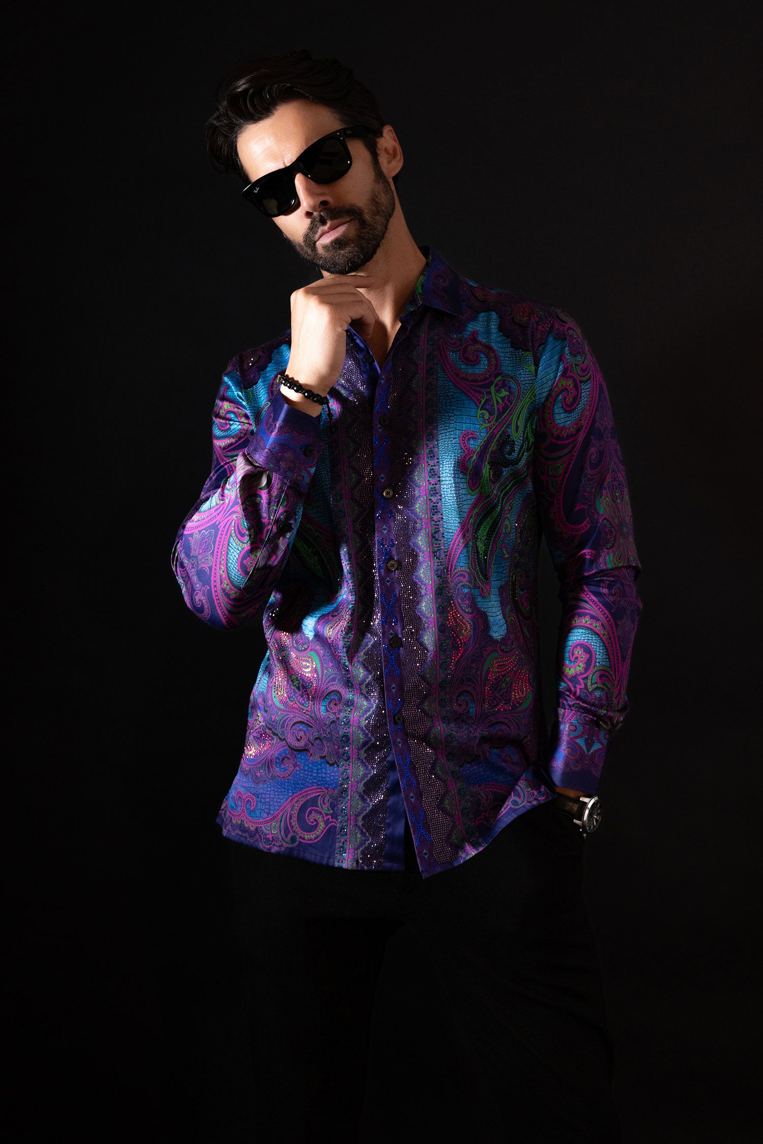 BARABAS Men's Rhinestone Floral Paisley Long Sleeve Shirts 3SPR433 Blue