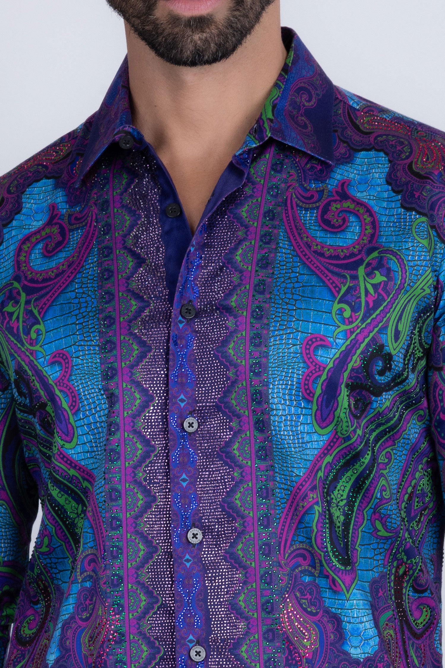 BARABAS Men's Rhinestone Floral Paisley Long Sleeve Shirts 3SPR433 Blue
