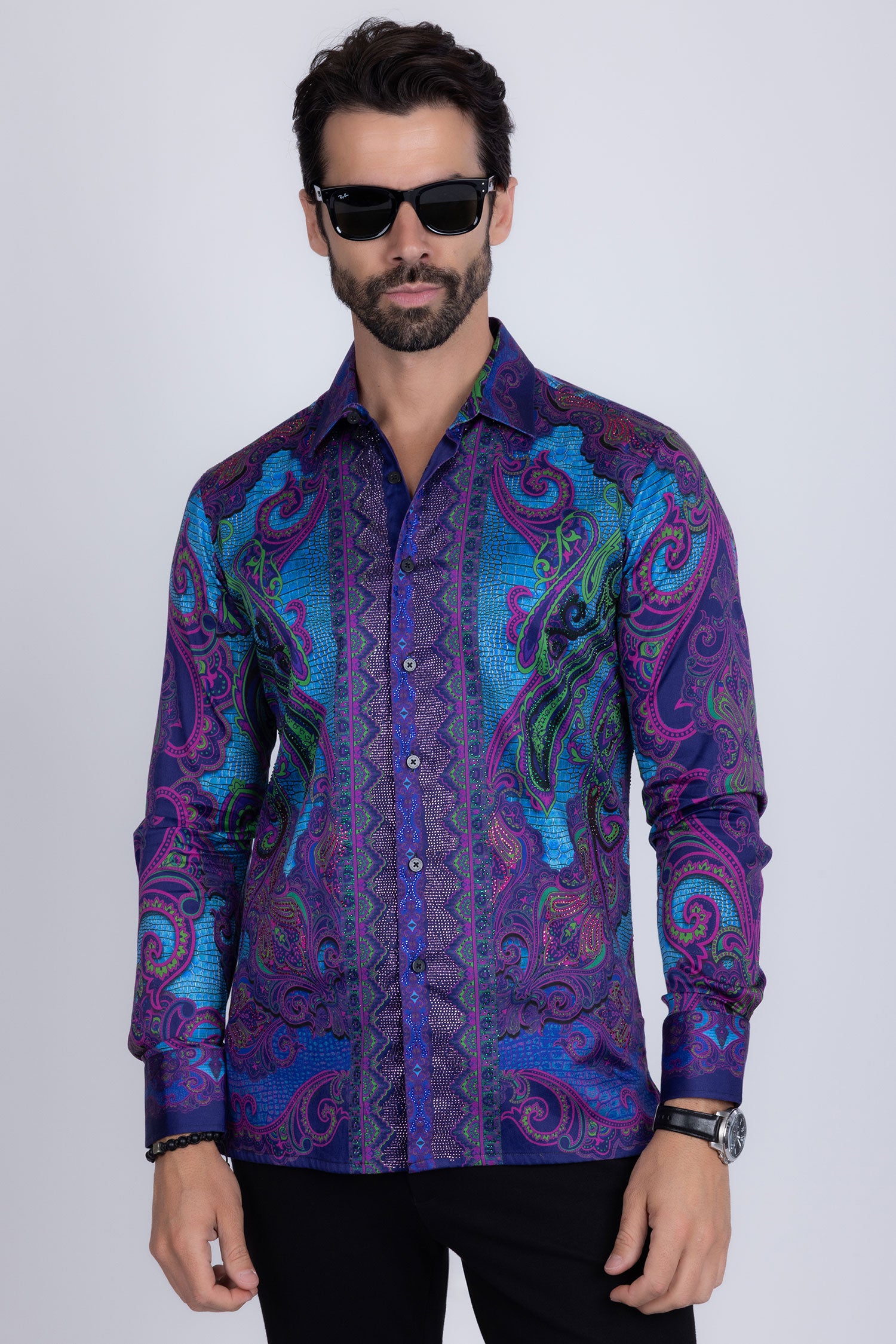 BARABAS Men's Rhinestone Floral Paisley Long Sleeve Shirts 3SPR433 Blue