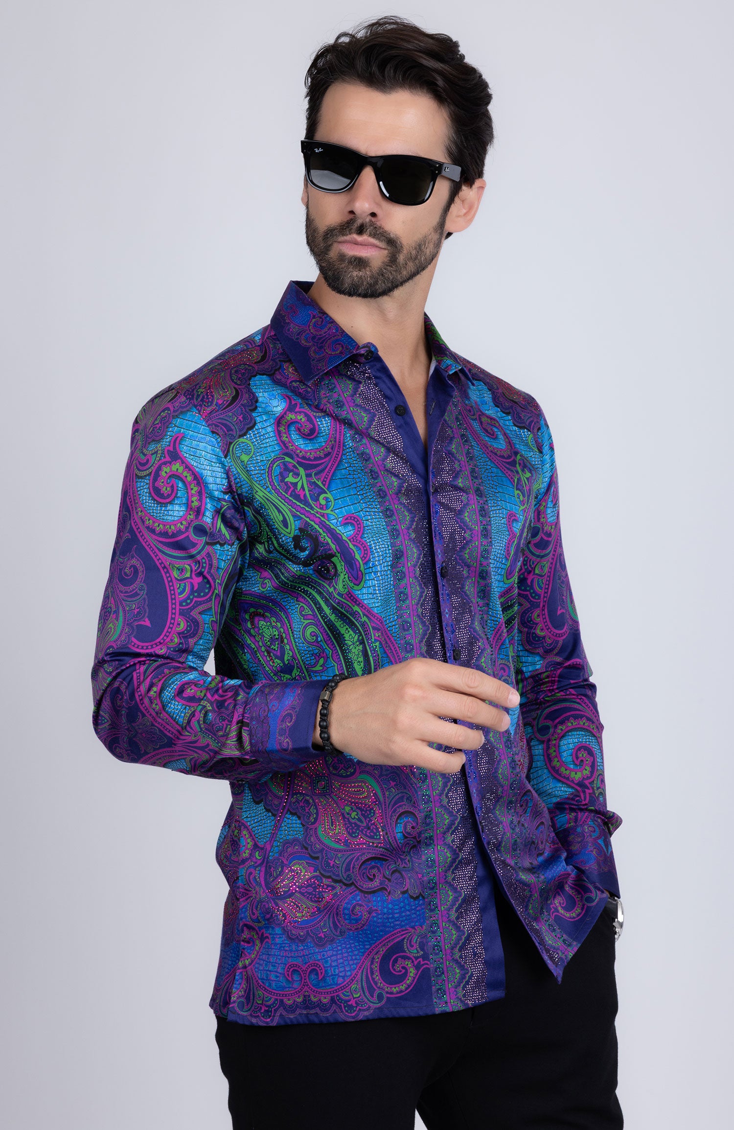 BARABAS Men's Rhinestone Floral Paisley Long Sleeve Shirts 3SPR433 Blue