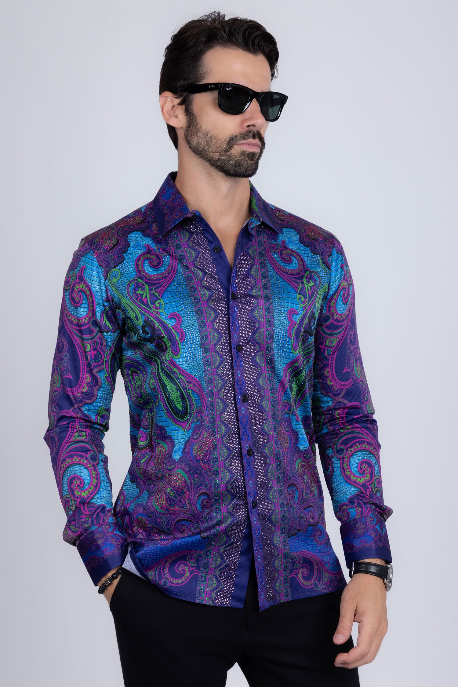 BARABAS Men's Rhinestone Floral Paisley Long Sleeve Shirts 3SPR433 Blue