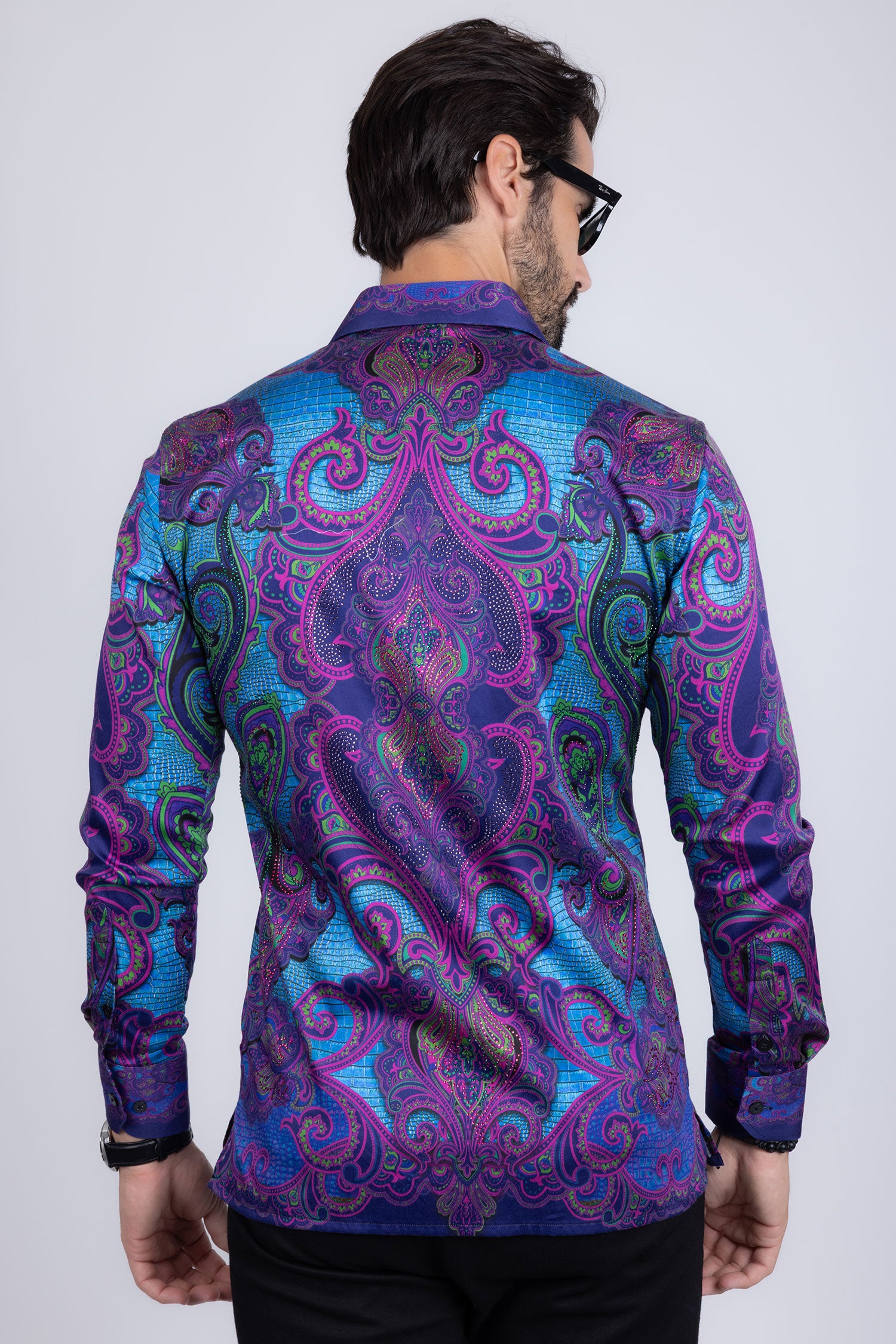 BARABAS Men's Rhinestone Floral Paisley Long Sleeve Shirts 3SPR433 Blue