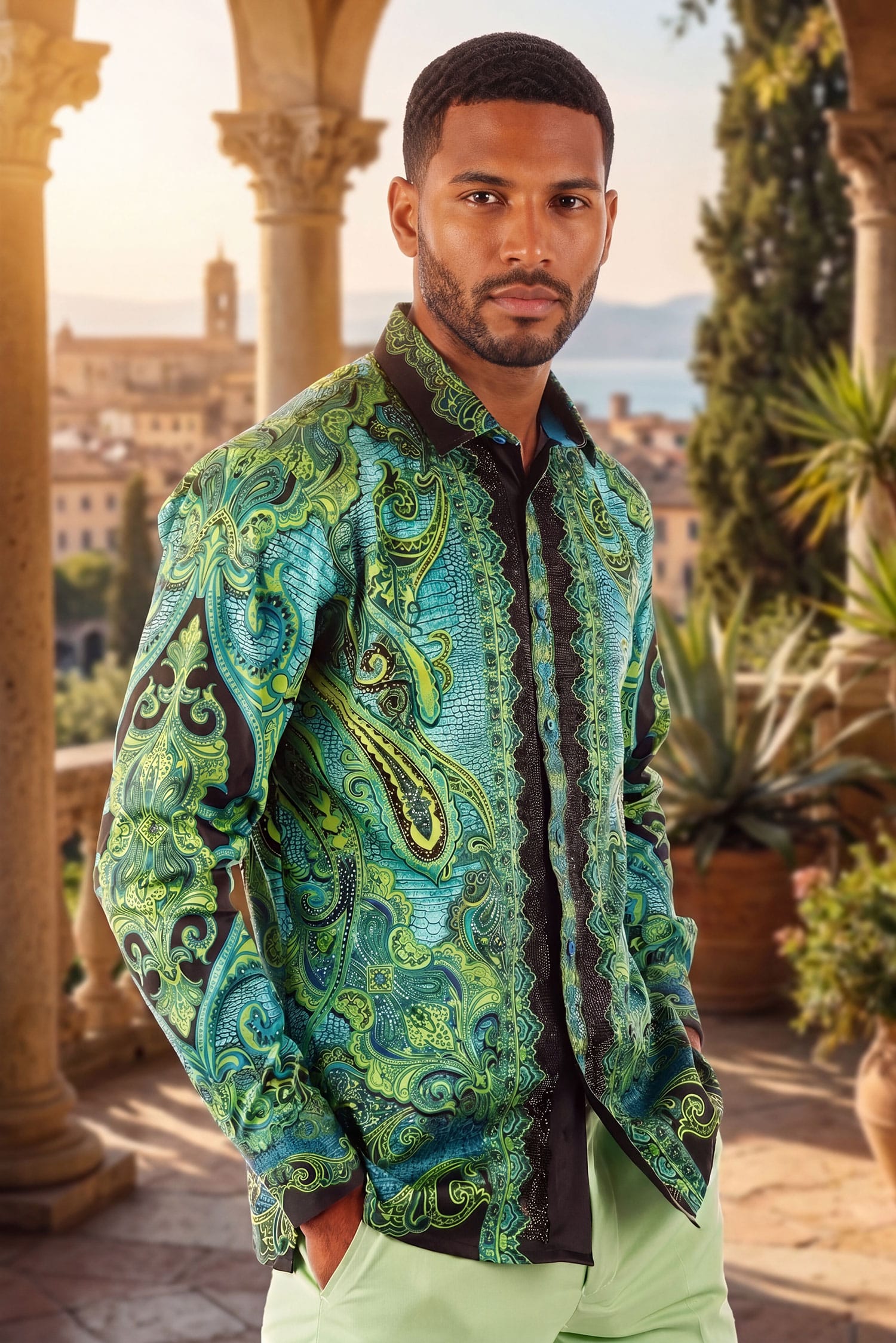 BARABAS Men's Rhinestone Floral Paisley Long Sleeve Shirts 3SPR433 Green